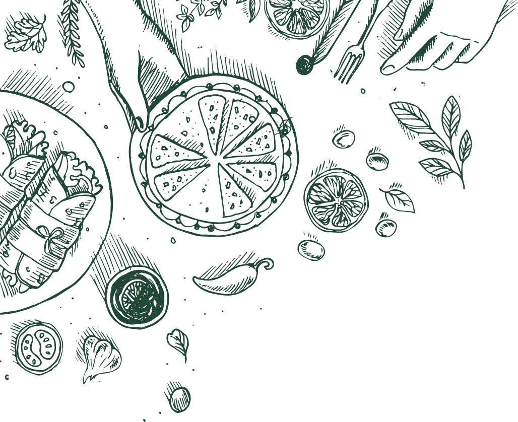 Eine handgezeichnete Illustration zeigt verschiedene Lebensmittel auf einem Tisch. Im Mittelpunkt liegt ein mit Zitrusfrüchten dekorierter Kuchen. Weitere Details umfassen limonengelbe Fruchtscheiben, frisches Gemüse und Kräuter sowie eine Gabel und ein Messer, die neben den Speisen liegen.