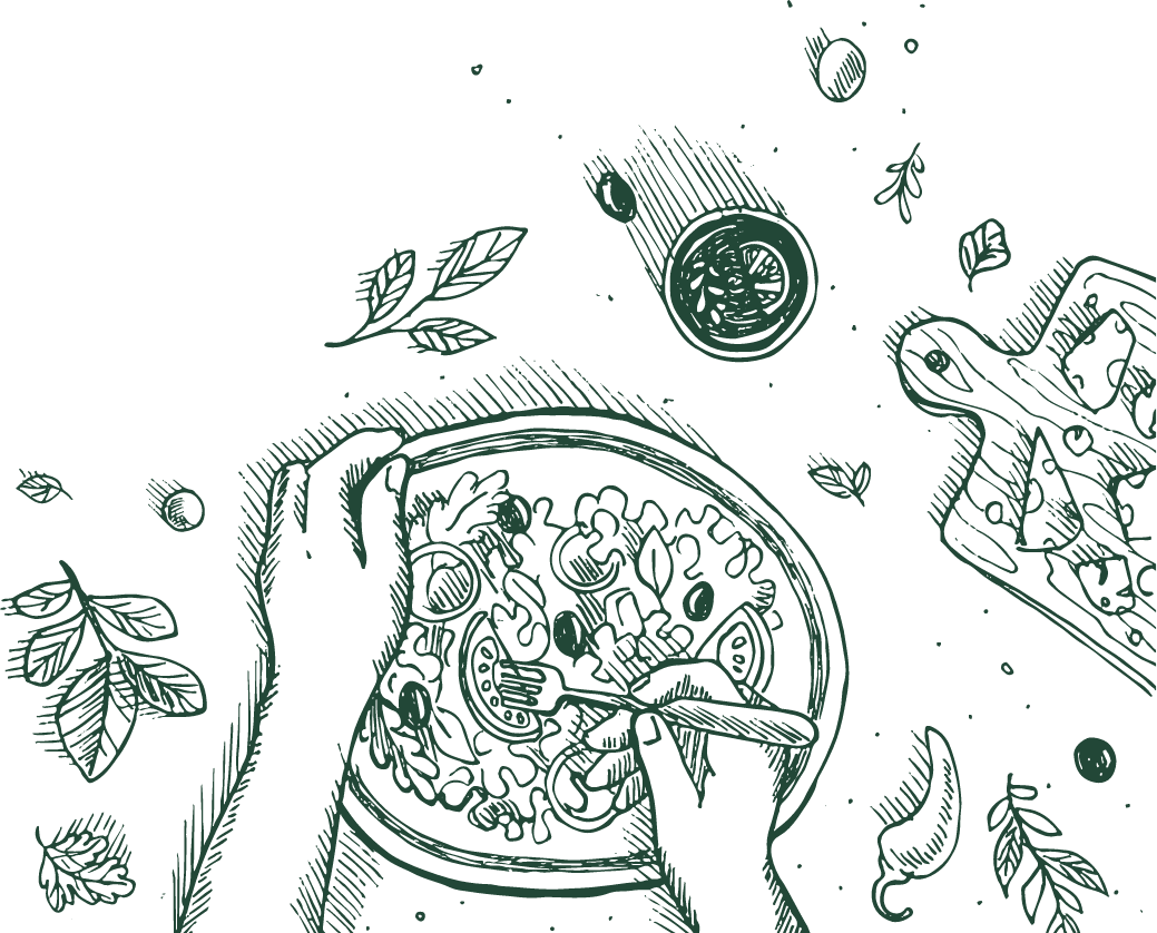 Eine Hand, die eine Schüssel mit frischem, buntem Salat hält. Rund um die Schüssel sind verschiedene Kräuter und Zutaten abgebildet, die eine kulinarische Atmosphäre schaffen.