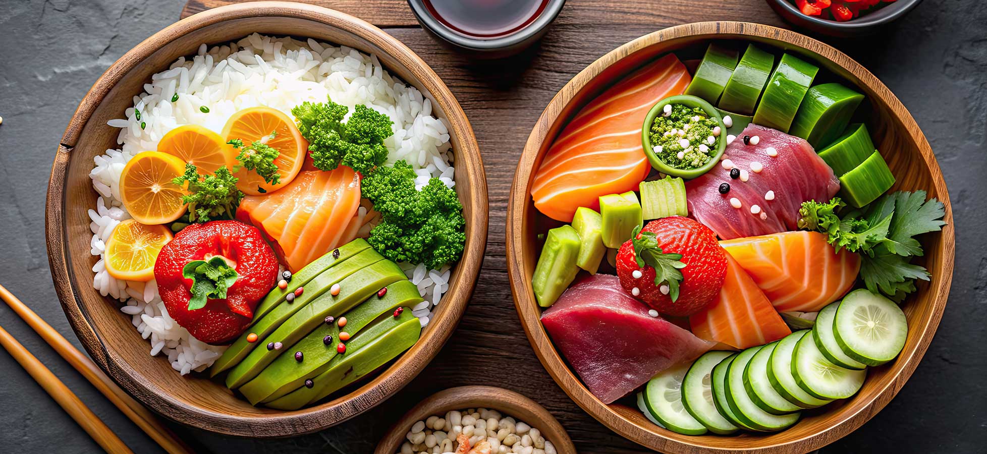 Zwei Holzschalen mit Sushi-Zutaten, darunter Reis, rohe Fischscheiben, Avocado, Gurke und Garnituren.