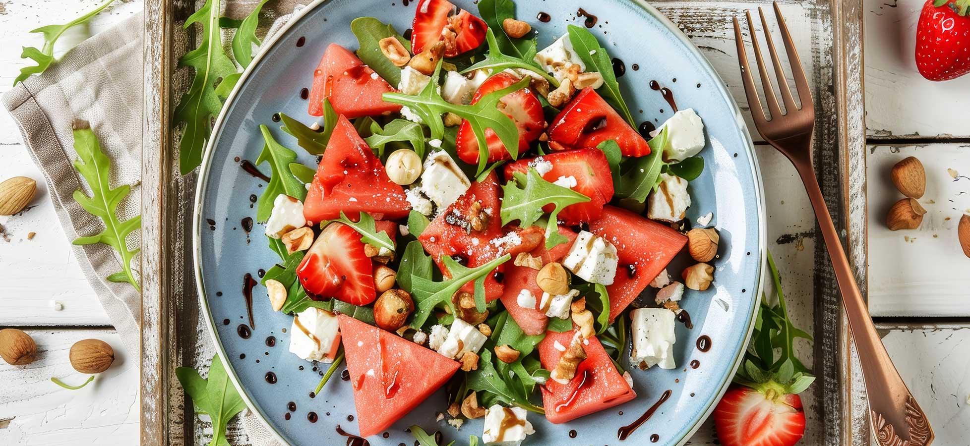 Ein Salat mit Wassermelone, Erdbeeren, Rucola, Fetakäse, Nüssen und einem Spritzer Balsamico-Glasur auf einem blauen Teller.