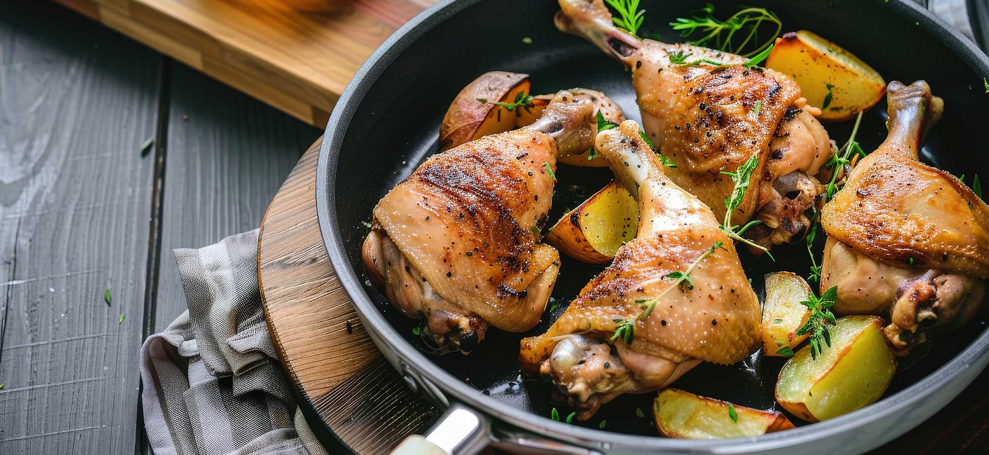 Eine Bratpfanne mit gebratenen Hähnchenkeulen und gerösteten Kartoffelspalten, garniert mit frischen Kräutern.