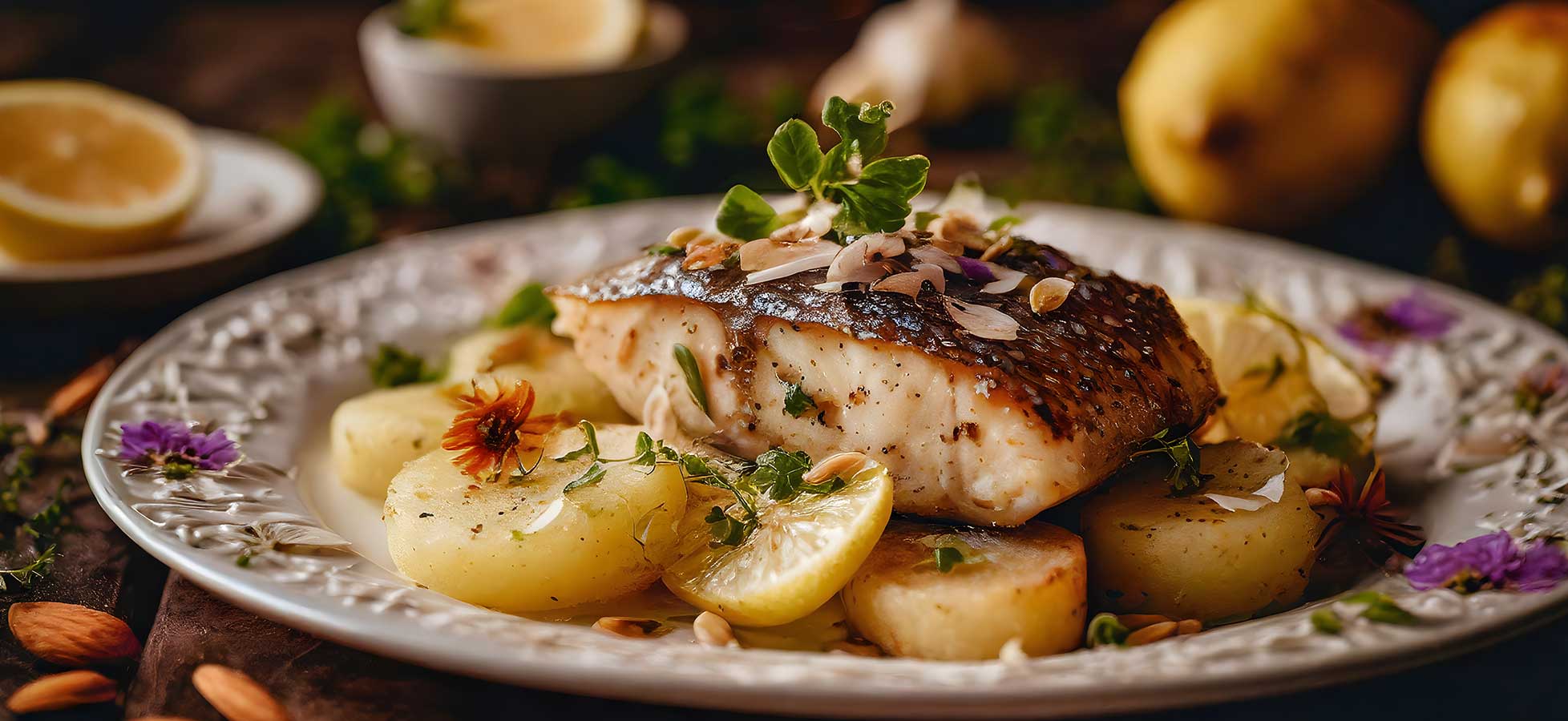 Ein Teller mit gebratenem Fisch, garniert mit Kräutern und Mandelscheiben, serviert auf Kartoffelscheiben und Zitronenscheiben.