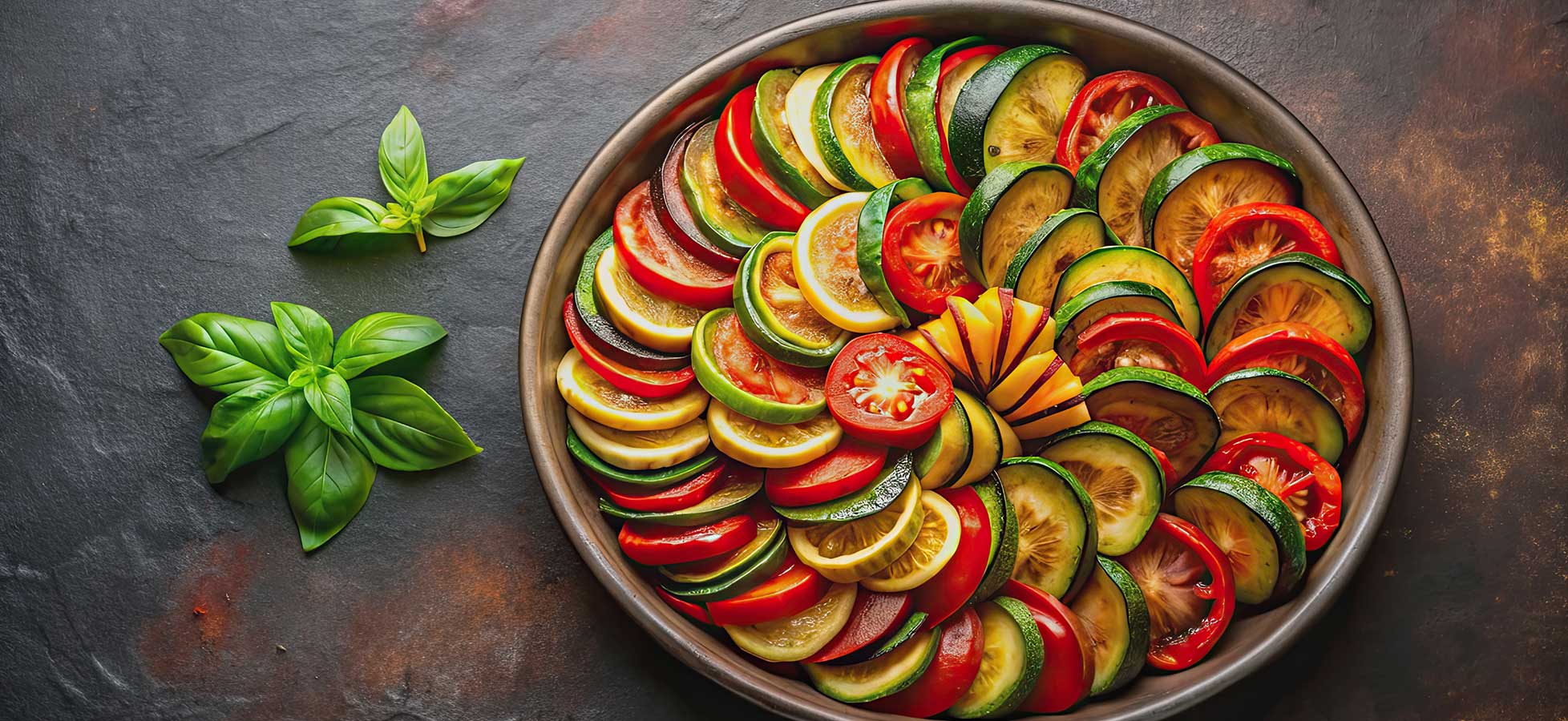 Eine Platte mit geschnittenem Gemüse, darunter Tomaten, Zucchini und gelber Kürbis, ist kreisförmig auf einer dunklen Oberfläche angeordnet. 