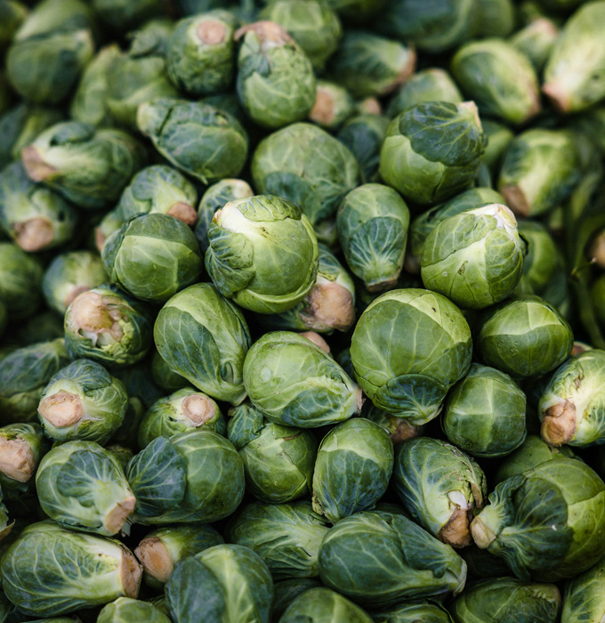 Ein dicht bepackter Haufen frischer grüner Rosenkohl-Knospen. Die runden, knusprigen Gemüse sind leuchtend grün mit kleinen, braunen Spitzen. Sie sind gleichmäßig angeordnet und insgesamt von glatter, leicht glänzender Oberfläche.