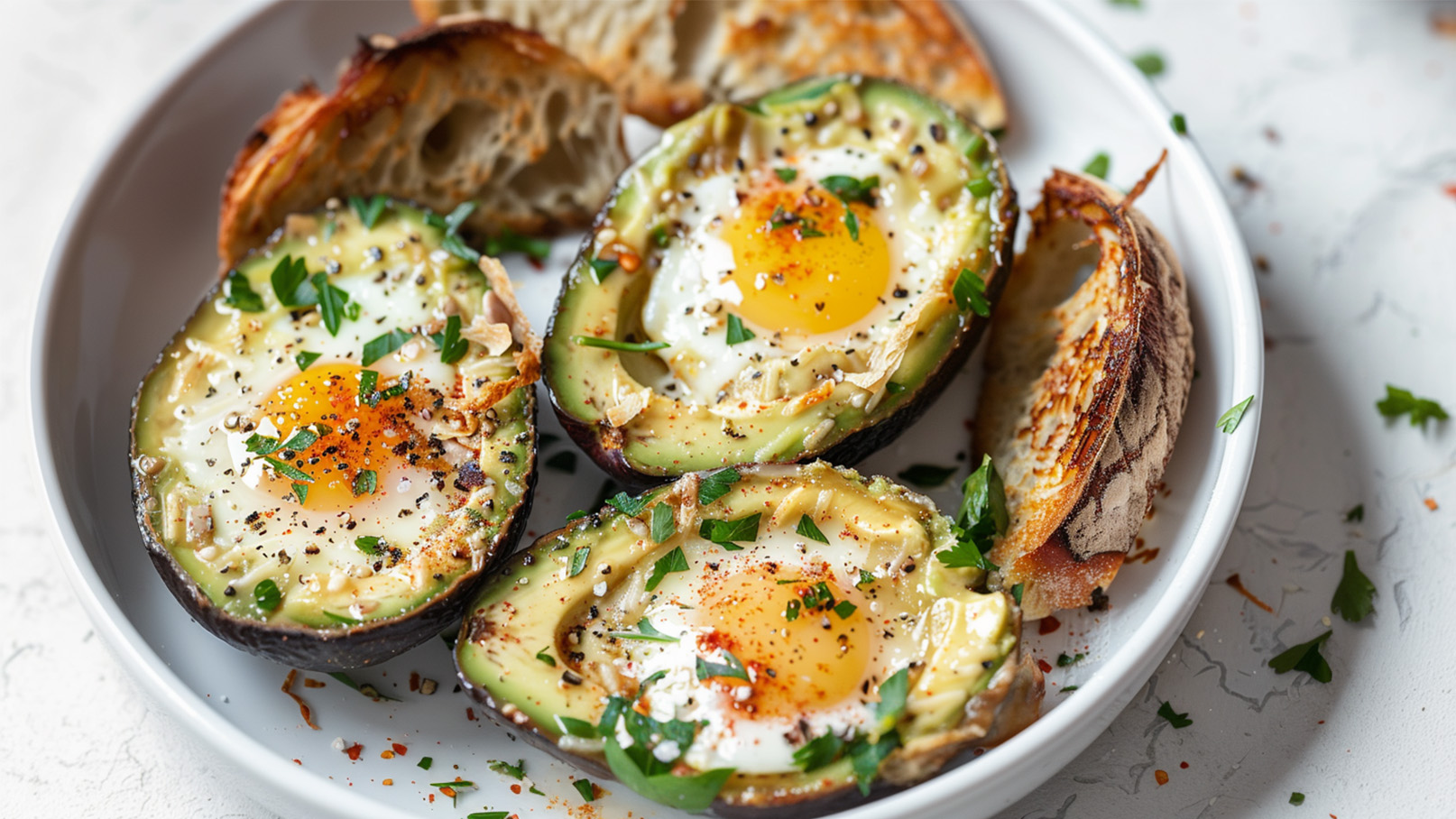 Auf einem weißen Teller liegen halbierte Avocados, gefüllt mit einem gebratenen Ei. Die Avocados sind mit frischer Petersilie, Gewürzen und knusprigem Brot umgeben. Das Gericht ist ansprechend und gesund, ideal für ein Frühstück.