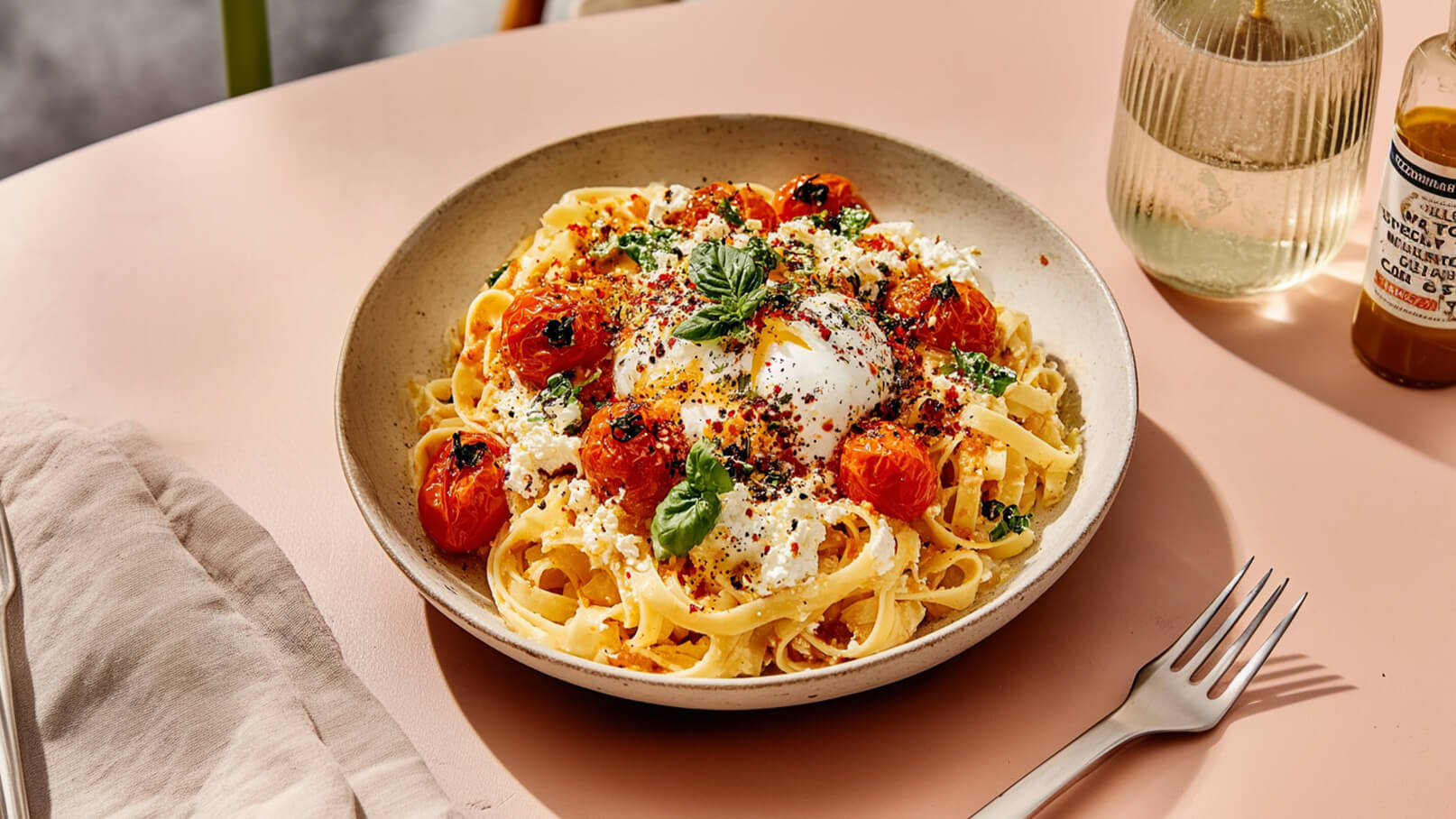 Ein Teller mit Fettuccine liegt auf einem rosa Tisch. Die Pasta ist mit frischen Tomaten, Basilikum und einem weich gekochten Ei garniert. Auf der Seite befindet sich eine Gabel.