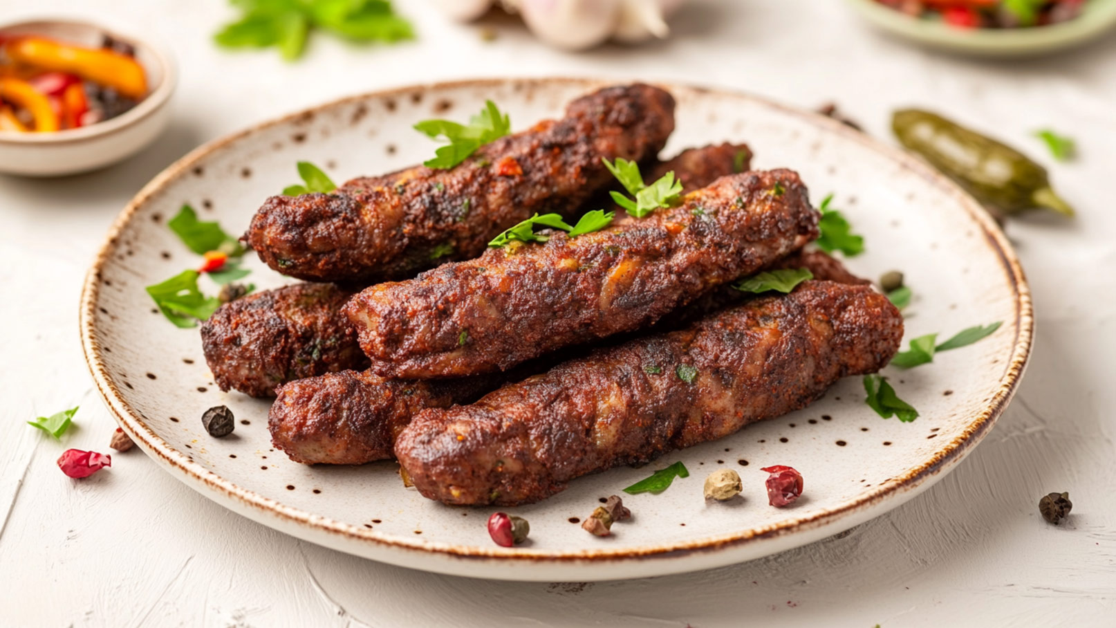 Auf dem Bild ist eine Form voller saftiger Cevapcici, Zwiebeln und frischen Kräutern zu sehen. Die Form steht auf einem rustikalen Holzbrett, das wiederum auf einem schwarzen Stein liegt. Die köstlich duftenden Cevapcici sind ansprechend angeordnet und mit frischen Kräutern dekoriert. Die Zwiebeln sorgen für einen würzigen Geschmack und visuellen Kontrast. Die Kombination aus Holz und Stein verleiht der Szene eine rustikale und robuste Ästhetik. Das Bild strahlt Gemütlichkeit und Appetitanregung aus.