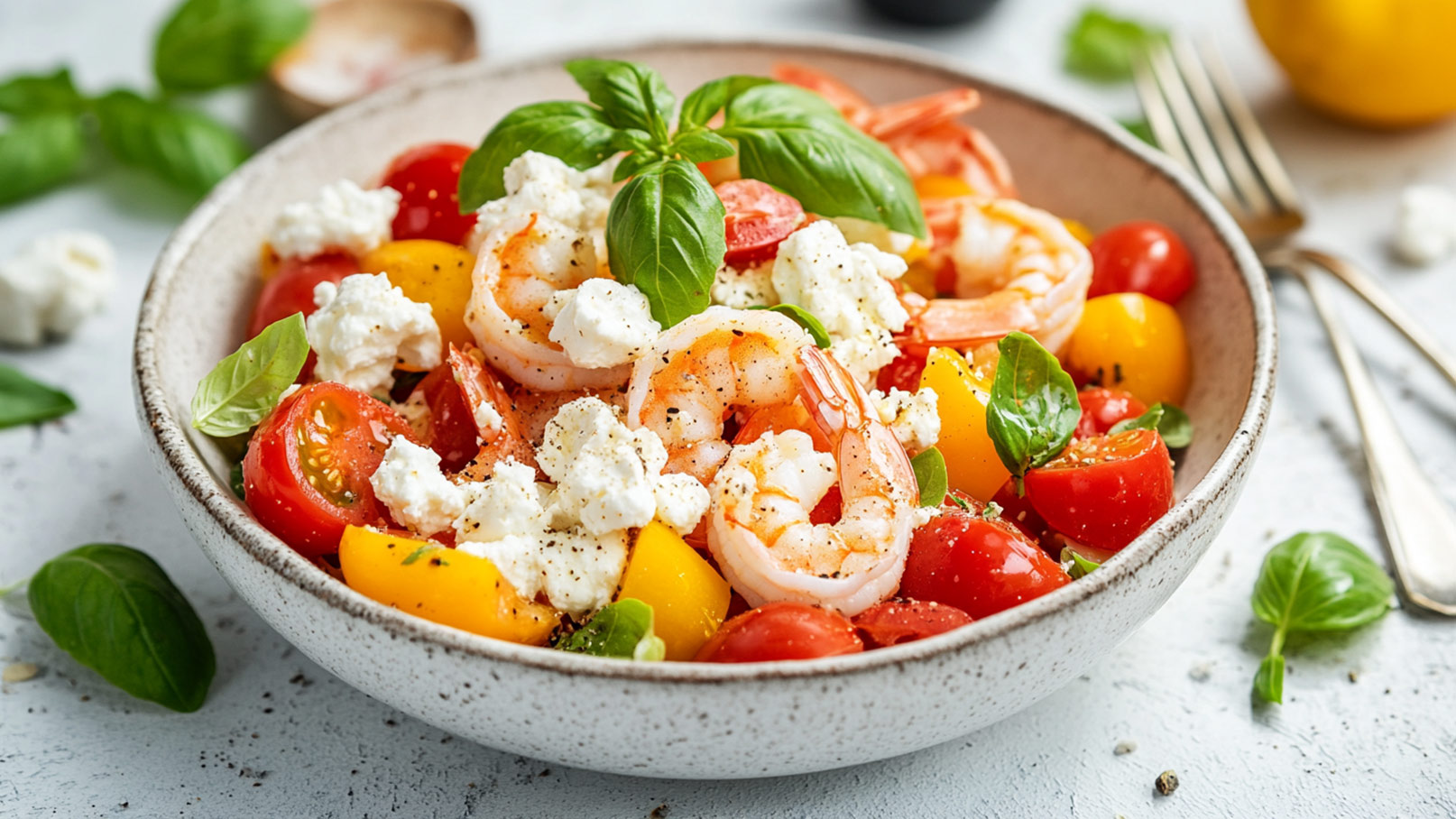 Auf dem Bild ist ein weißer Teller zu sehen, der randvoll mit einem bunten Salat gefüllt ist. In der Mitte des Tellers befindet sich eine große Portion goldbraun angebratener Shrimps, die mit getrockneten Gewürzen bestreut sind. Um die Shrimps herum liegen frische Tomatenscheiben und gemischte Blattsalate in verschiedenen Grüntönen. Einige Stücke Ziegenkäse sind über den Salat gestreut.