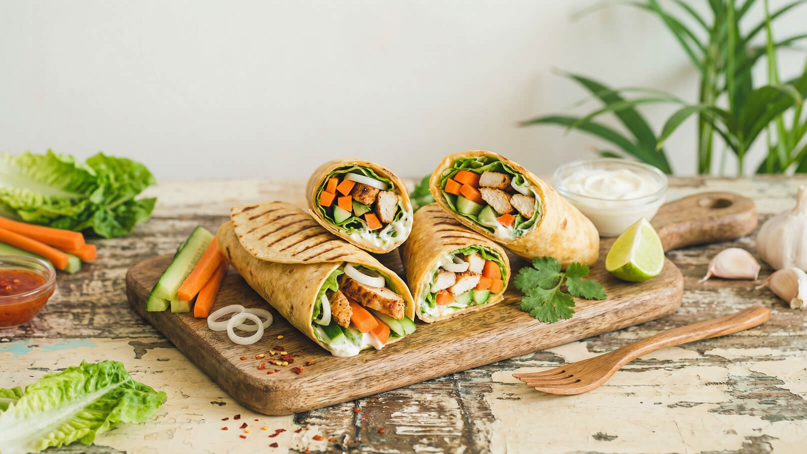 Auf einem Holzteller liegen mehrere gewickelte Wraps, gefüllt mit Hähnchen, Gemüse und Salat. Daneben sind frische Karotten, Gurkensticks und ein Schälchen mit Soße zu sehen. Im Hintergrund blühen grüne Blätter.