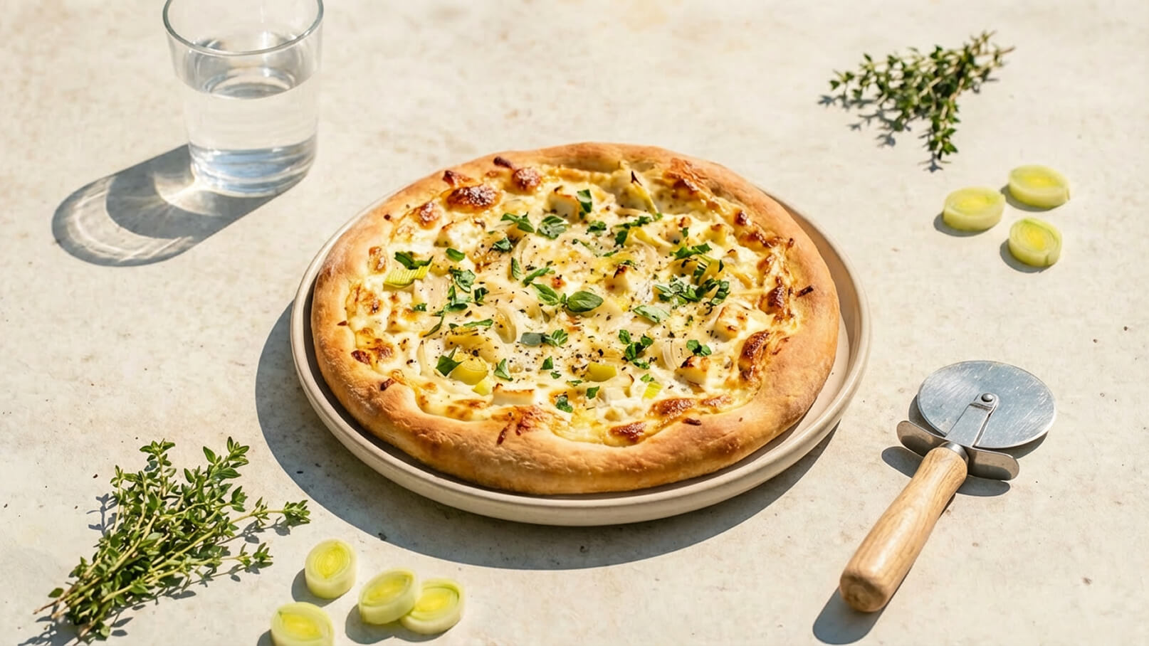 Eine frisch gebackene Pizza auf einem Teller, belegt mit Käse, Zwiebeln und Kräutern. Daneben liegen einige Lauchscheiben und ein Pizzaschneider mit einem Holzgriff. Im Hintergrund steht ein Glas Wasser.