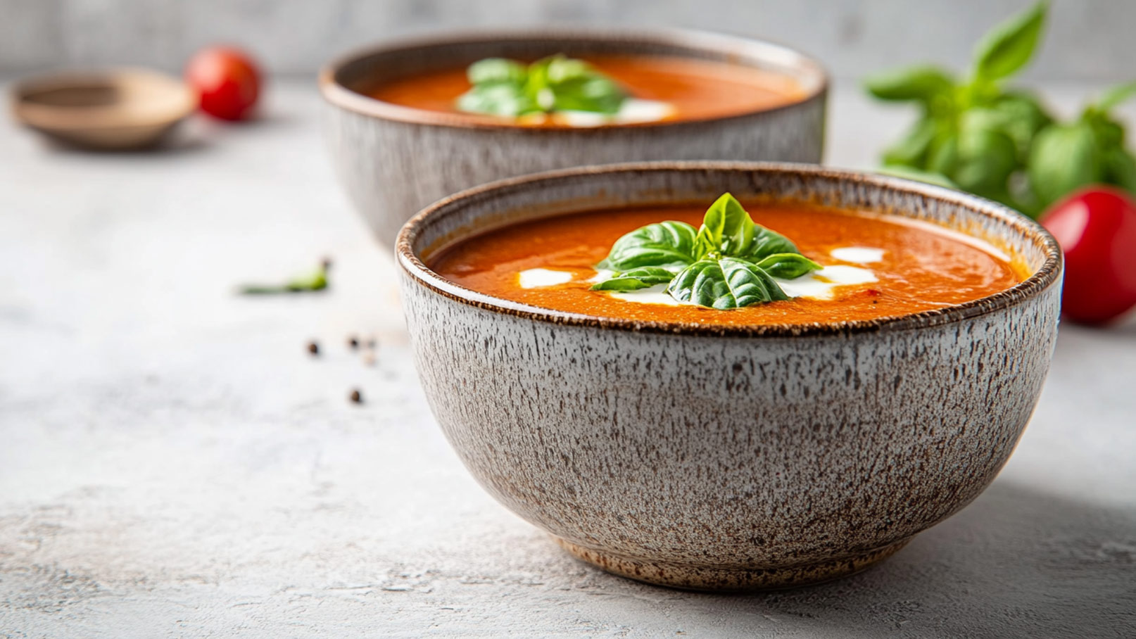 In dem Bild ist eine elegante weiße Schale zu sehen, die mit erfrischender Gazpacho-Suppe gefüllt ist. Die Suppe ist kunstvoll mit cremigem Mozzarella und frischem Basilikum verziert. Daneben liegen appetitliche Brotspieße, die perfekt sind, um die köstliche Suppe zu genießen. 