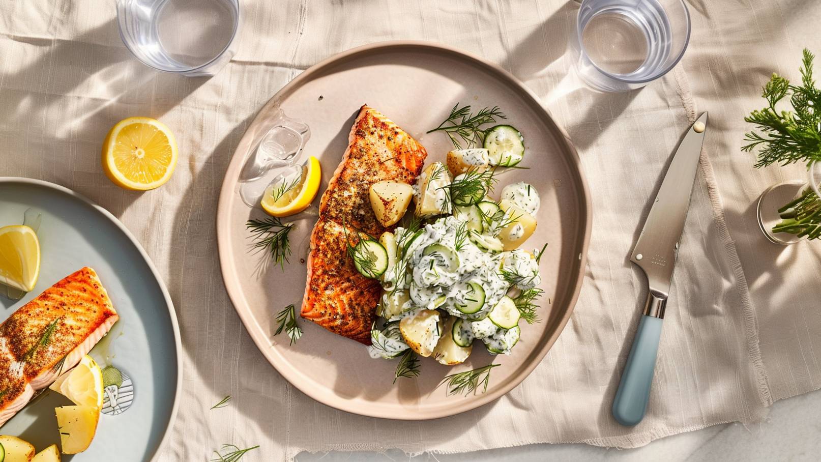 Ein Teller mit gegrilltem Lachs, garnierter mit Zitrone und frischem Dill. Neben dem Fisch liegt ein Salat aus Kartoffeln und Gurken in einer cremigen Sauce. Der Hintergrund zeigt ein geschmackvoll gedeckter Tisch mit einem Glas Wasser.