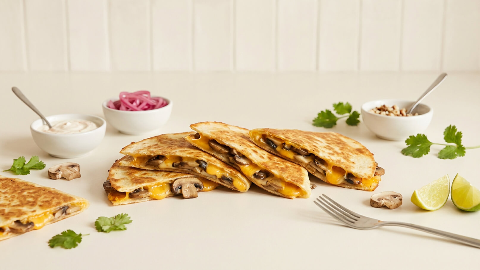 Das Bild zeigt knusprige Quesadillas, gefüllt mit Käse und Champignons. Sie sind auf einem hellen Tisch angerichtet und teilweise aufgeschnitten. Daneben befinden sich Schalen mit Sour Cream und roten Zwiebeln sowie Limettenspalten und einige frische Kräuter.