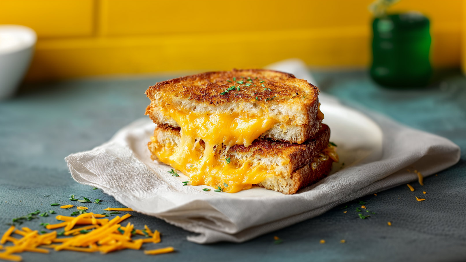 Zwei übereinanderliegende, frisch geröstete Käse-Sandwiches sind auf einem grauen Untergrund platziert. Der geschmolzene Käse läuft aus dem Sandwich, und einige Käsestücke liegen daneben. Die Szene vermittelt einen leckeren und einladenden Eindruck.