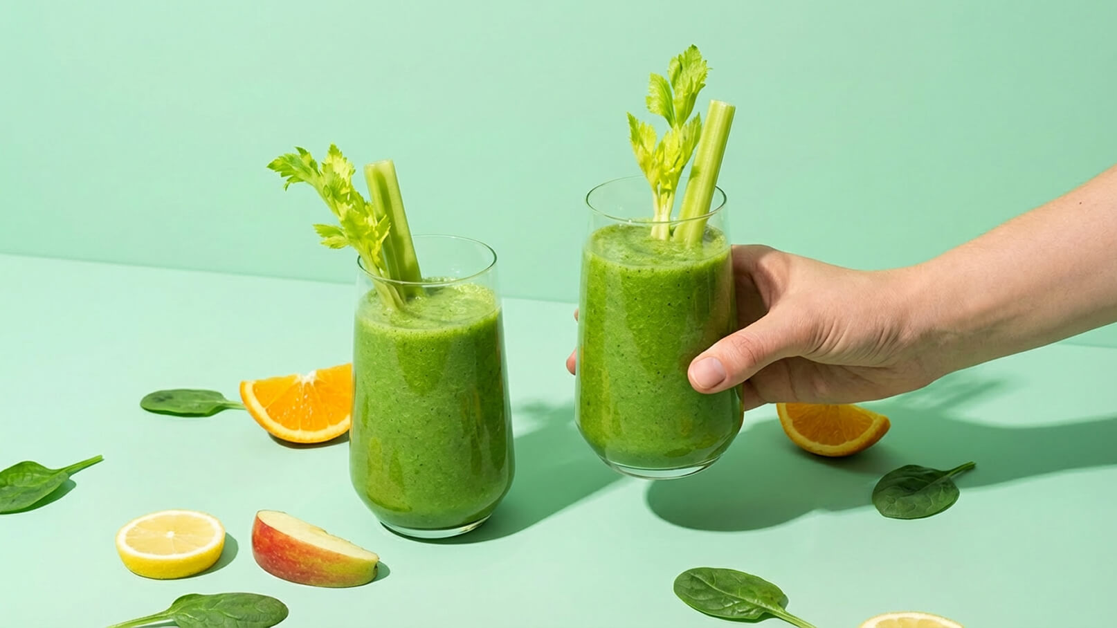Zwei Gläser grüner Smoothie stehen auf einer mintgrünen Oberfläche. Eine Hand hält ein Glas, das mit Sellerie dekoriert ist. Rund um die Gläser liegen Stücke von Apfel, Zitrone und Orange sowie einige grüne Blätter.
