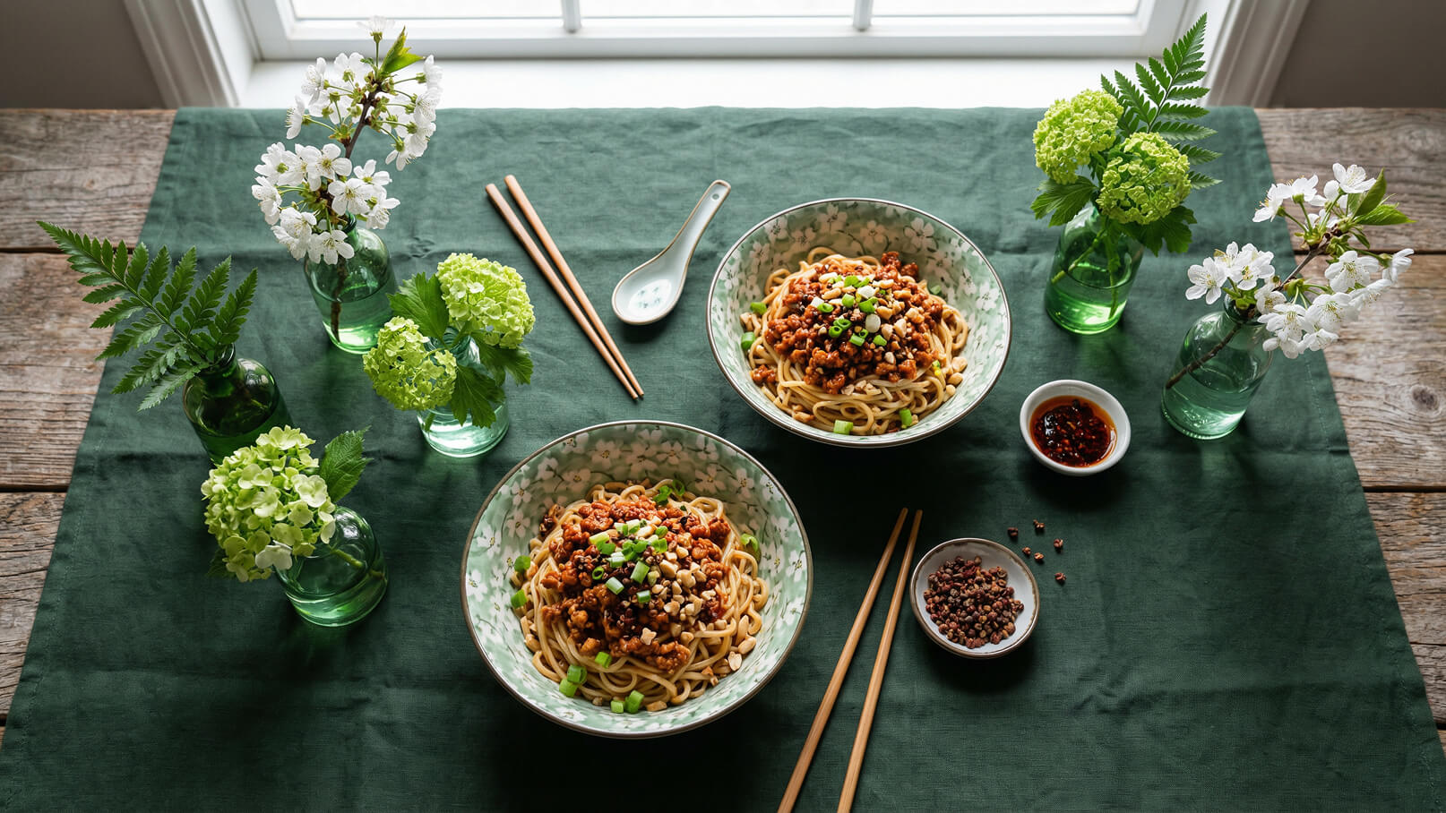 Zwei Schalen mit Nudeln stehen auf einem grünen Tisch. Die Nudeln sind mit einer Hackfleischsoße und Frühlingszwiebeln garniert. Neben den Schalen befinden sich Essstäbchen und verschiedene Gewürze in kleinen Schalen. Frische Blumen in Vasen ergänzen die Präsentation.
