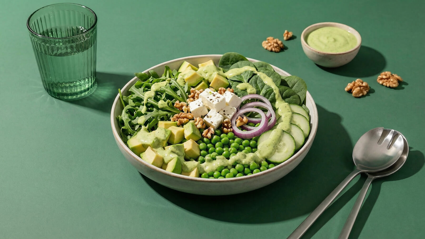 Eine Salatschüssel mit frischen Zutaten wie Rucola, Avocado, Gurken, Erbsen und Feta. Darauf ist ein grünes Dressing und einige Walnüsse verteilt. Neben der Schüssel steht ein Glas Wasser und zwei silberne Besteckteile.