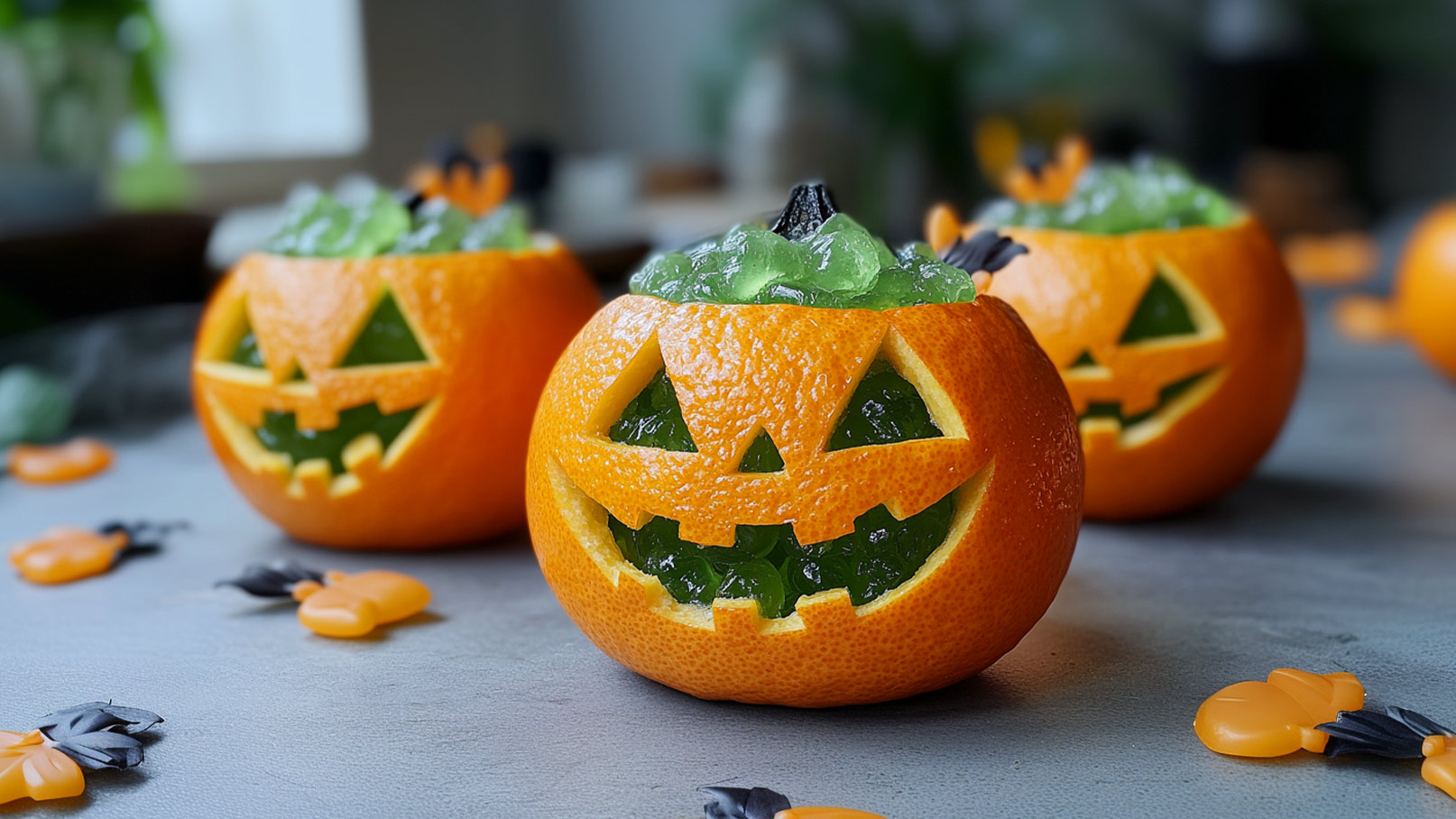Drei vorbereitete Halloween-Kürbisse stehen auf einem Tisch. Die Kürbisse sind orange, mit ausgeschnittenen Gesichtern und gefüllt mit grünem Gelee. Um die Kürbisse herum liegen kleine Süßigkeiten in Form von Fledermäusen und Kürbissen.