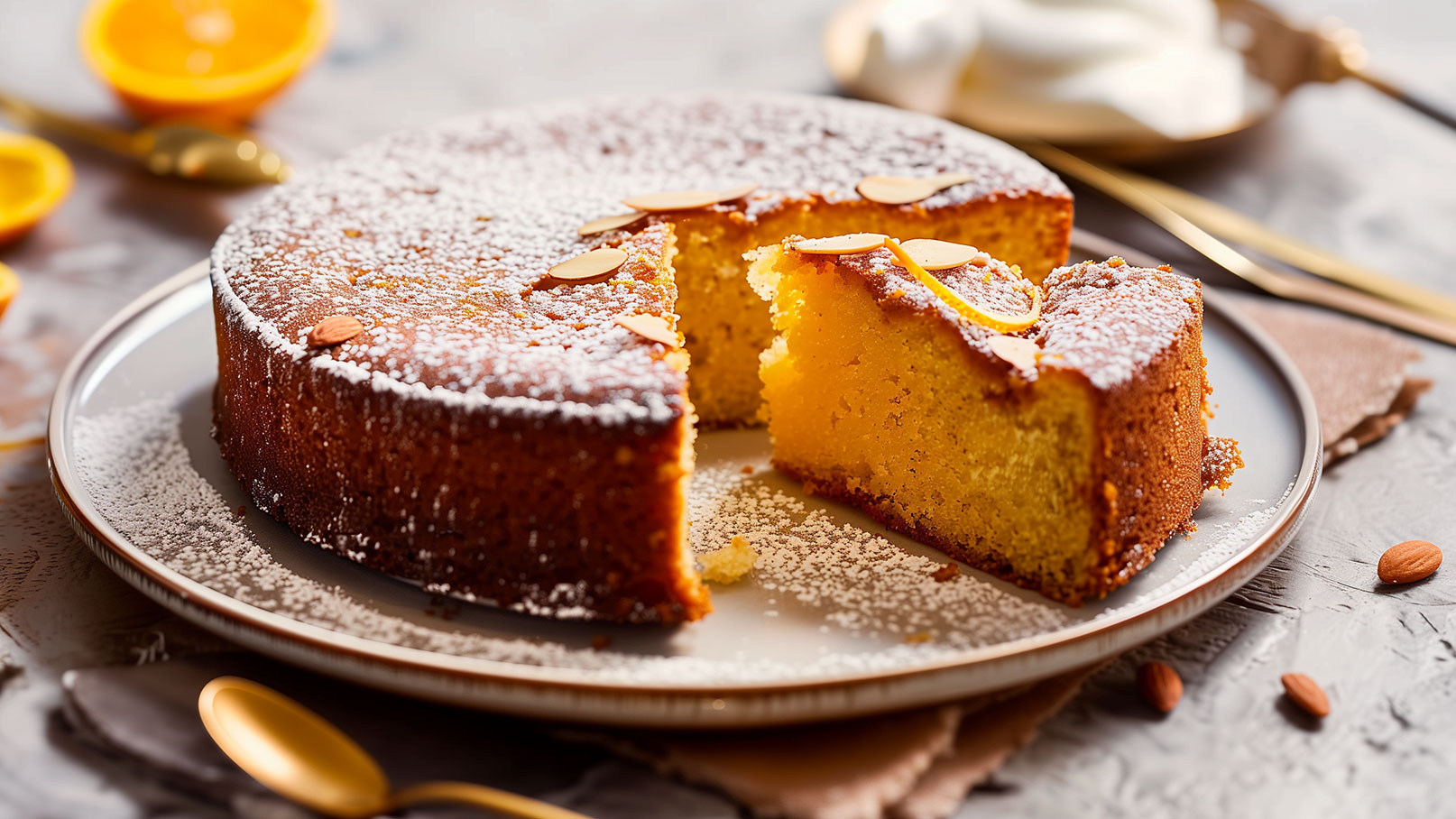 Ein frisch gebackener, goldener Kuchen liegt auf einem Teller, teilweise mit Puderzucker und Mandeln dekoriert. Ein Stück wurde herausgeschnitten, das innere, saftige Gelb ist sichtbar. Im Hintergrund sind Orangehälften und Besteck zu erkennen.