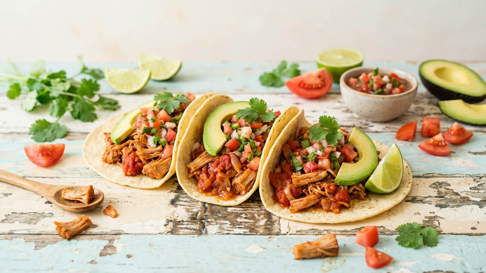 Drei Tacos sind auf einem rustikalen Tisch angerichtet, gefüllt mit zartem Fleisch, frischer Salsa, Avocadoscheiben und Koriander. Neben den Tacos liegen Limettenhälften und frische Tomatenwürfel. Ein kleiner Schälchen mit Salsa ist ebenfalls sichtbar.