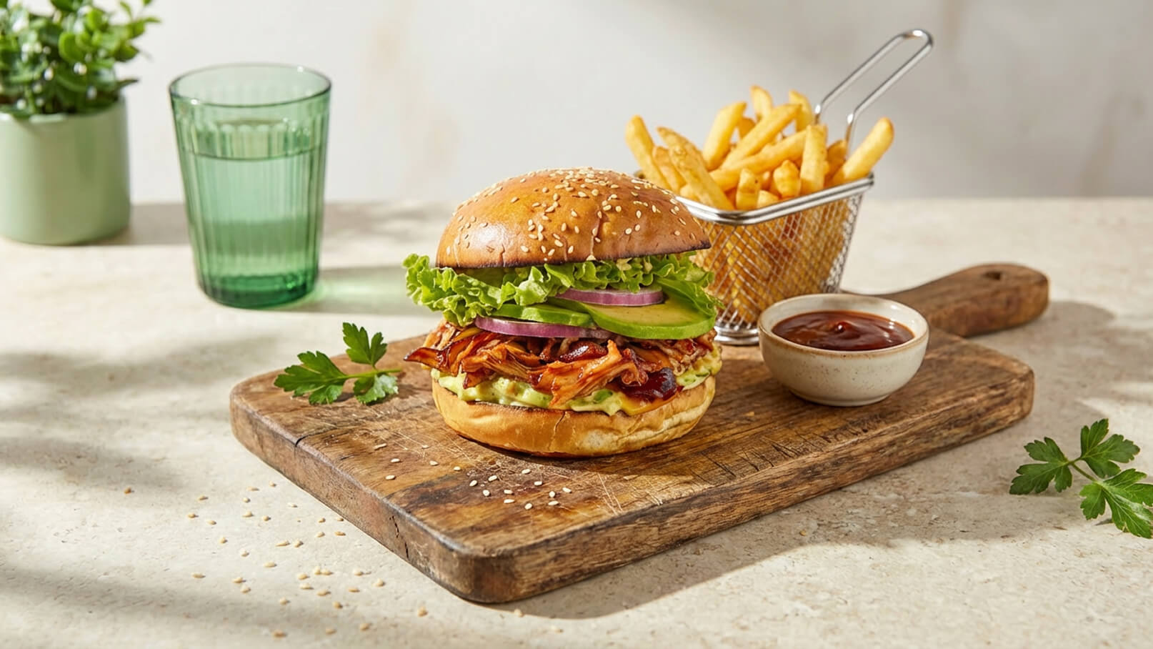 Ein frisch zubereiteter Burger mit Sesambrötchen, gefüllt mit Salat, Zwiebeln und einer herzhaften Füllung, steht auf einem Holzbrett. Daneben befinden sich eine großzügige Portion Pommes frites in einem kleinen Korb und eine Schüssel mit Dip. Ein Glas Wasser ist im Hintergrund sichtbar.