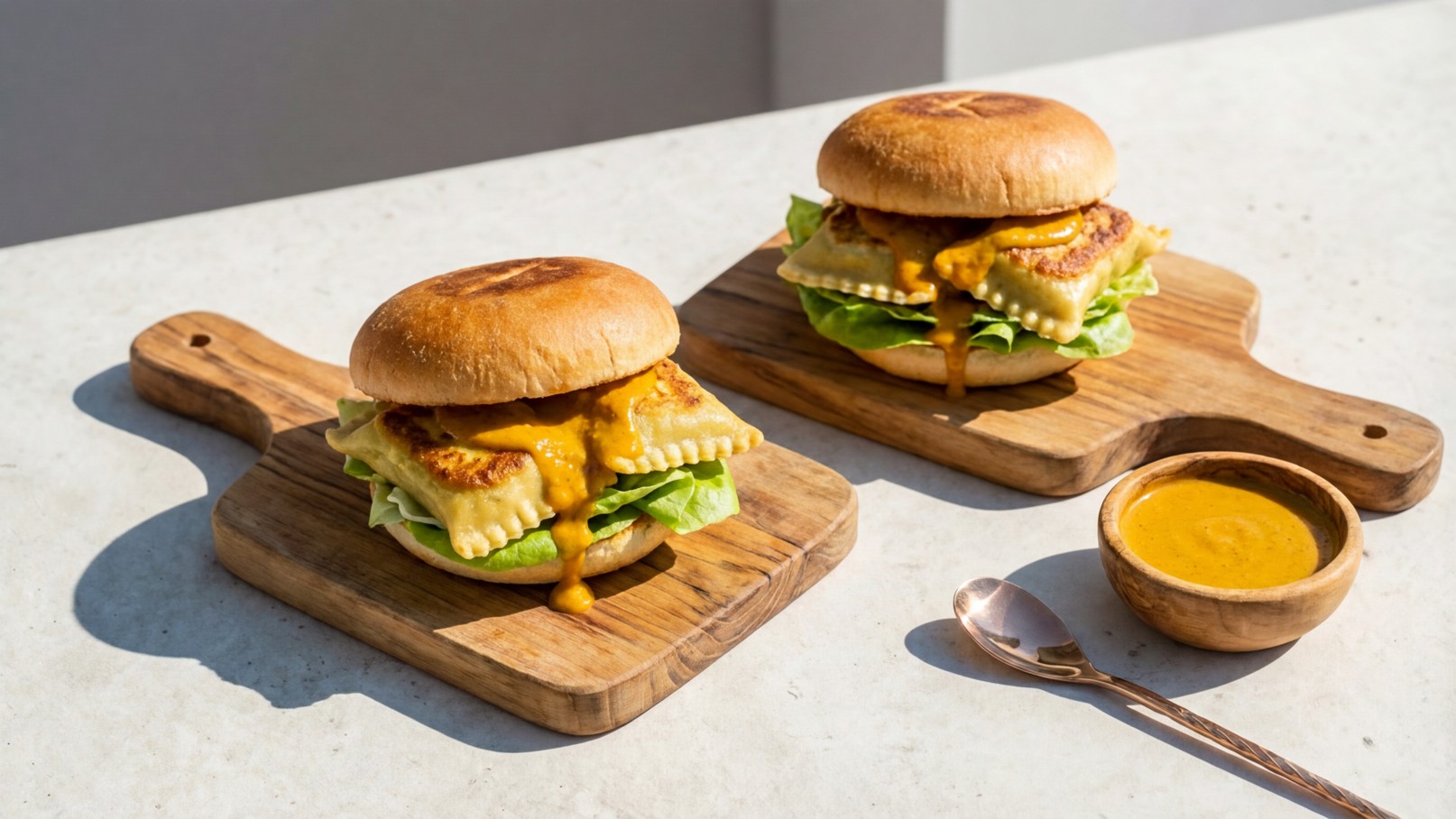 Auf dem Bild sind zwei appetitliche Burger auf Holzbrettchen platziert. Jeder Burger ist mit Salat, einer Käsescheibe und saftigem Belag versehen. Neben den Burgern befindet sich eine kleine Schale mit einer würzigen Sauce.