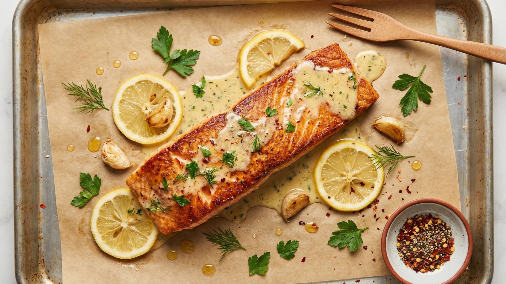 Ein gebratenes Stück Lachs liegt auf einem Backblech, umgeben von Zitronenscheiben und frischen Kräutern. Der Lachs ist mit einer cremigen Sauce überzogen. Neben dem Fisch befindet sich eine kleine Schale mit Gewürzen.