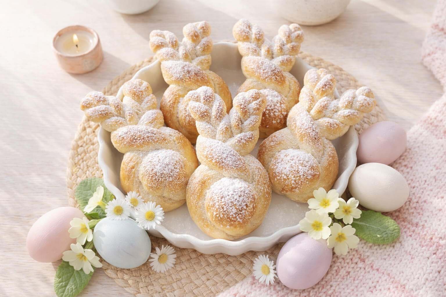 Ein Schalenrand voller geflochtener Osterbrötchen, die mit Puderzucker bestäubt sind. Umgeben von bunten, gefärbten Eiern und kleinen weißen Blumen, vermittelt das Bild eine festliche Frühlingsstimmung.