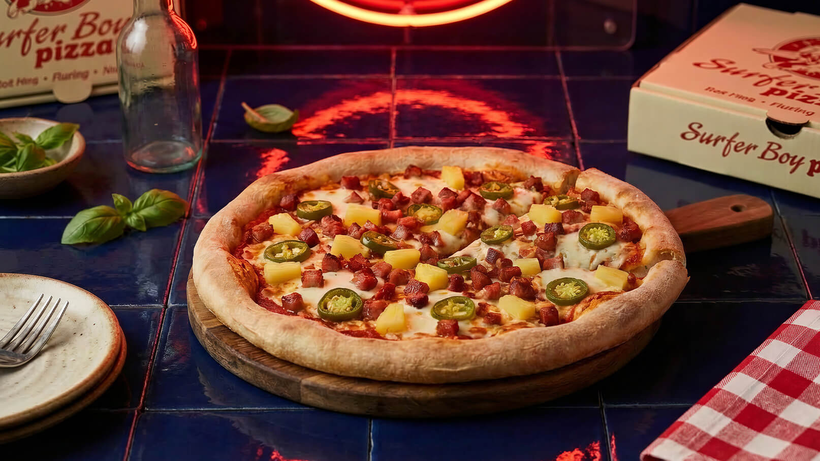 Eine frisch gebackene Pizza liegt auf einem Holzbrett. Sie ist belegt mit Käse, Schinken, Ananasstücken und Jalapeños. Im Hintergrund sind ein Teller und frische Basilikumblätter zu sehen. Der Untergrund ist fliesenartig und dunkelblau.