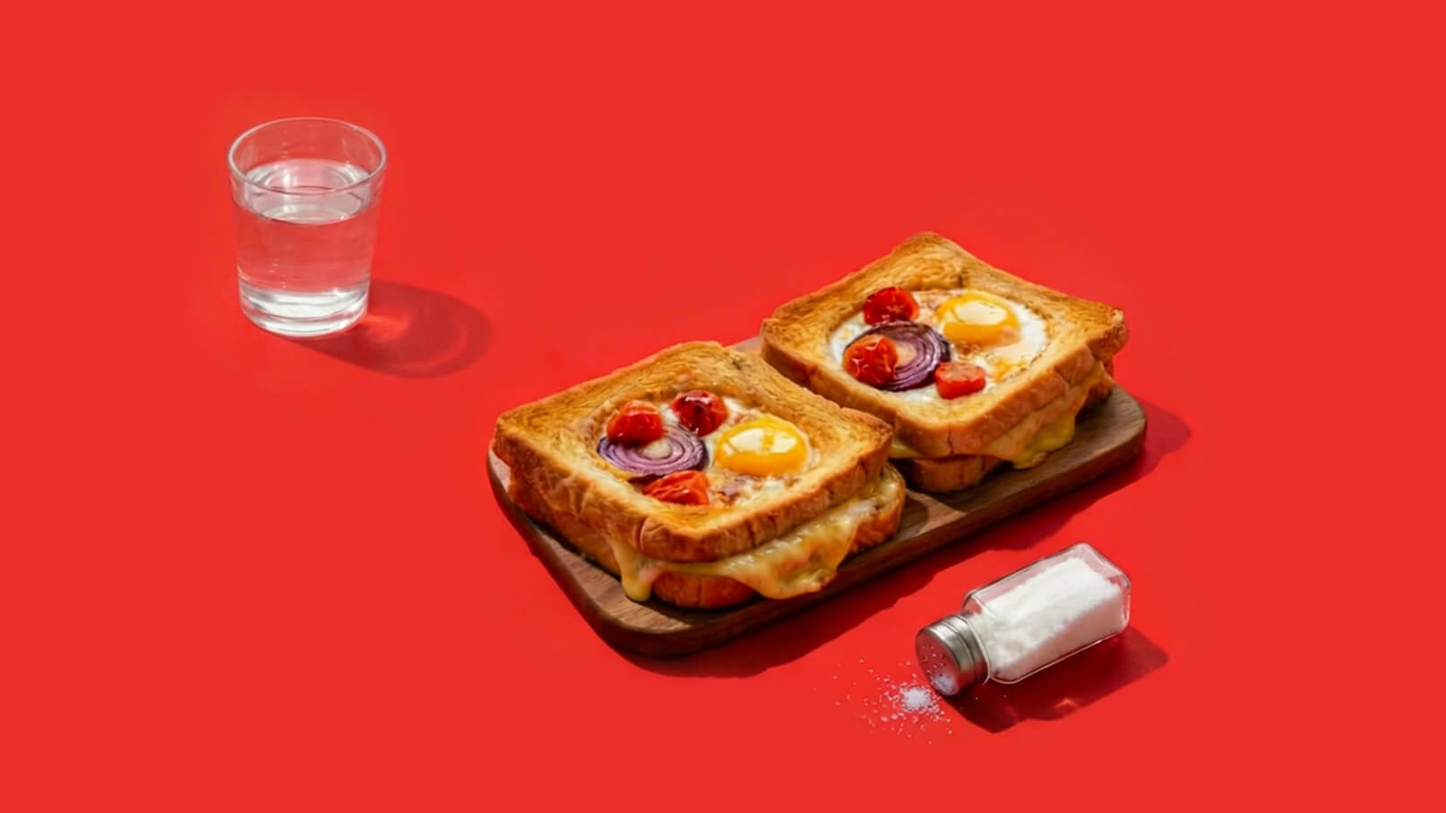 Zwei geröstete Brote auf einem Holzbrett, belegt mit Käse, Tomaten und einem Spiegelei. Daneben befindet sich ein Glas Wasser und ein Salzstreuer, aus dem Salz leicht ausgestreut wird. Der Hintergrund ist rot.