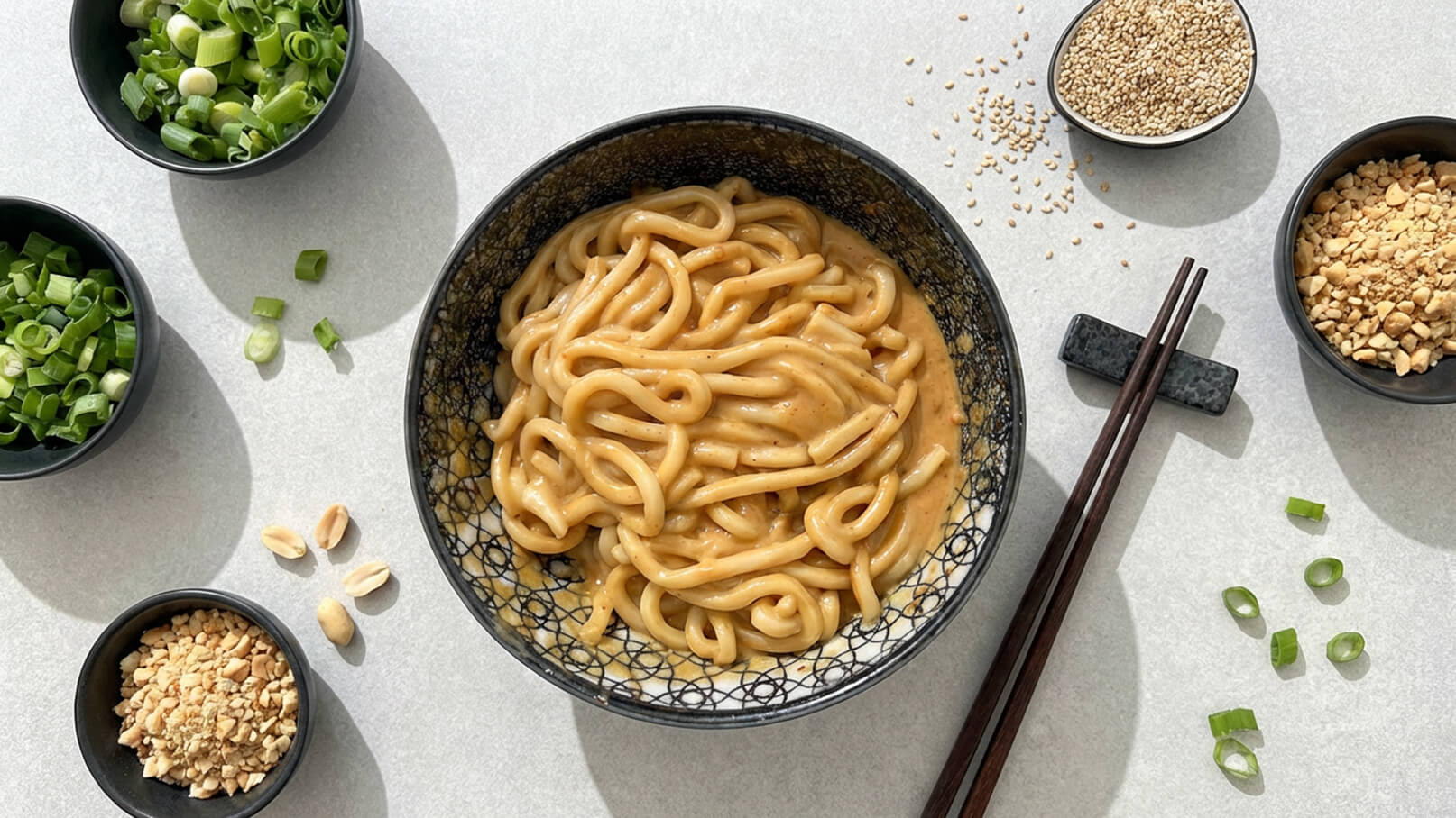 Eine Schüssel mit Udon-Nudeln in einer cremigen Sauce ist in der Mitte des Bildes platziert. Rundherum liegen kleine Schalen mit gehackten Frühlingszwiebeln, Erdnüssen und Sesam, sowie Essstäbchen. Der Hintergrund ist hell und hebt die frischen Zutaten hervor.