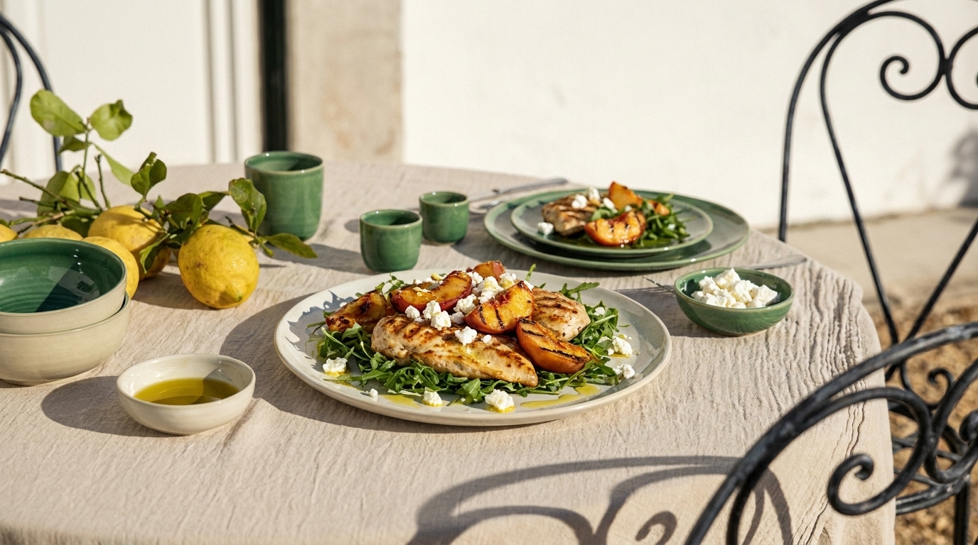 Gedeckter Gartentisch mit zwei Tellern gegrilltem Hähnchen auf Rucola, gerösteten Kartoffelscheiben und zerbröseltem Käse, dazu Zitronen, Olivenöl und grünes Geschirr.