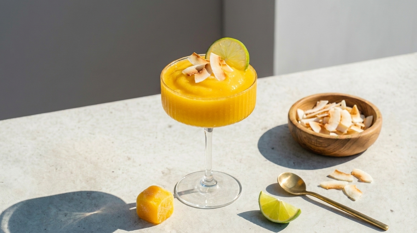 Tropische Mango‑Sorbet in einer Coupette, garniert mit gerösteten Kokosflocken und Limettenscheibe; daneben Schale mit Kokosflocken, Limettenstück, goldener Löffel und Mangowürfel auf hellem Untergrund.