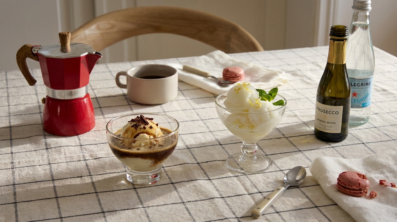 Auf kariertem Tischtuch: zwei Gläser mit Eiscreme (einmal mit Espresso/Affogato, einmal Zitronensorbet), rote Mokkakanne, Kaffeetasse, Prosecco- und Wasserflasche sowie zwei Macarons auf einer Serviette.