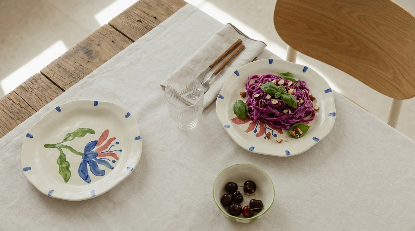 Vogelperspektive eines gedeckten Tisches mit zwei bemalten Keramiktellern, einer belegt mit violettem Rotkrautsalat und Kräutern, daneben kleine Schale mit Kirschen, Trinkglas und Besteck.