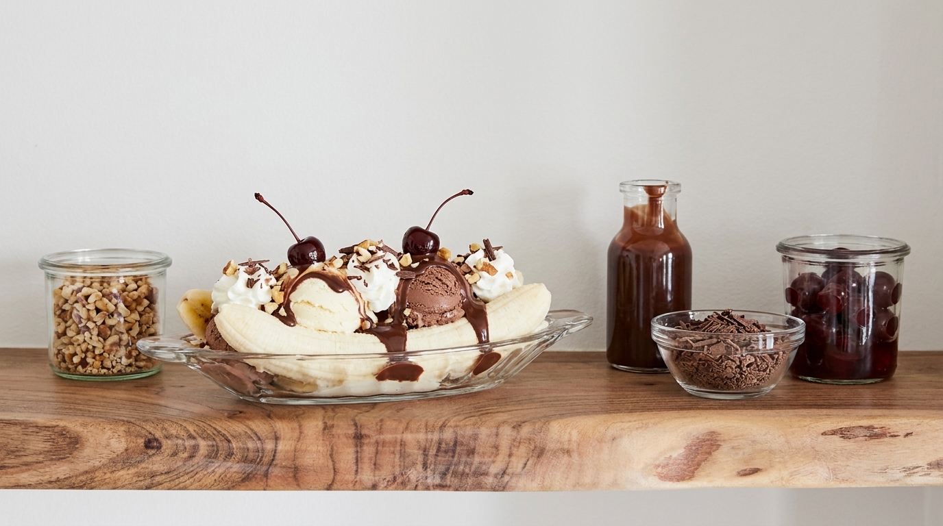 Banana-Split mit drei Eiskugeln (Vanille, Schokolade), Schlagsahne, Schokoladensoße, Kirschen und halbierten Bananen in einer gläsernen Schale.