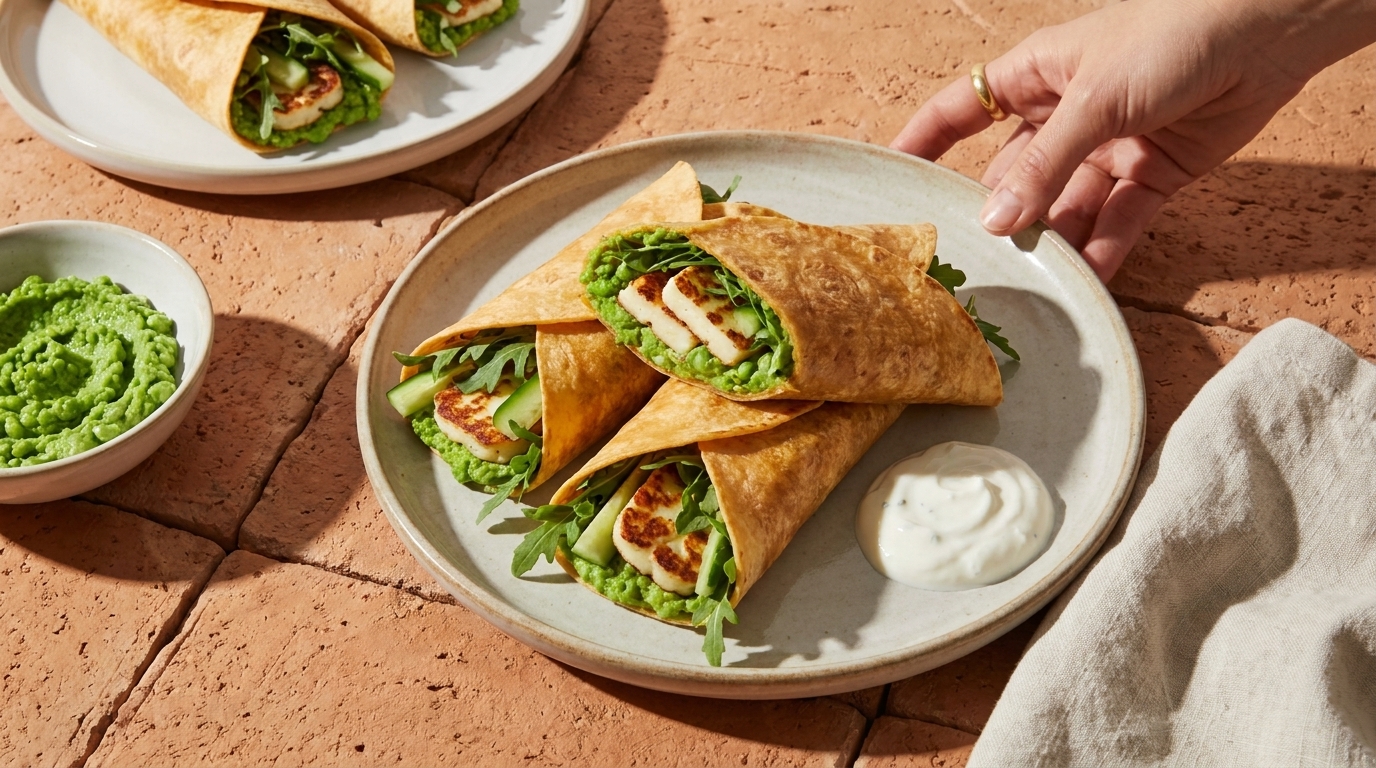 Drei gefüllte Wraps mit gegrilltem Halloumi, Rucola und grünem Aufstrich auf einem Teller, daneben ein Klecks Joghurtsauce; eine Hand greift nach einem Wrap.