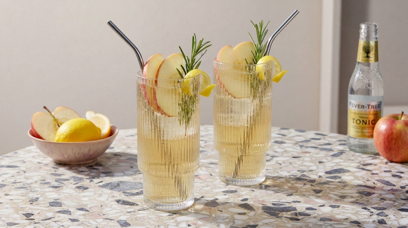 Zwei hohe Gläser mit hellgoldenem Apfel-Cocktail auf Terrazzo-Tisch, jeweils Eiswürfel, Apfelscheiben, Rosmarinzweig und Metallstrohhalm.