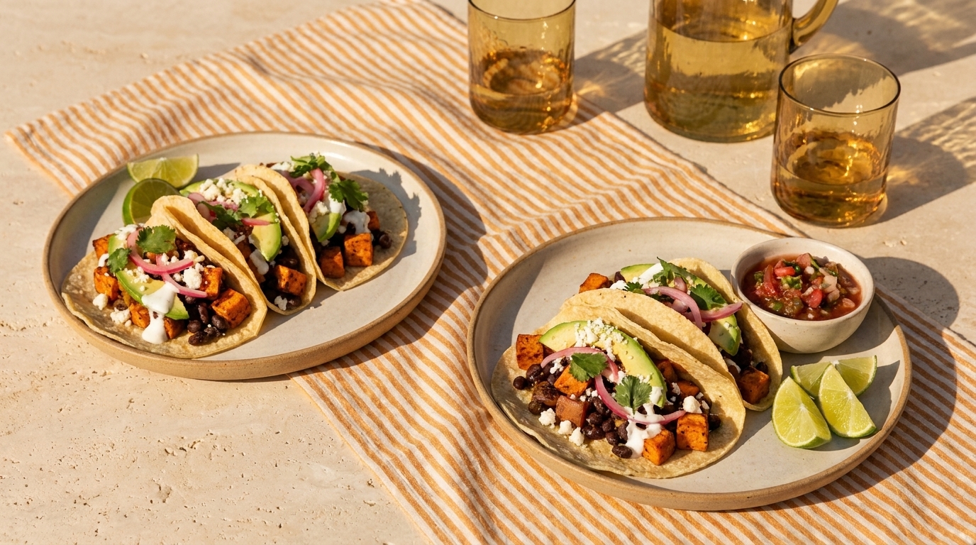 Zwei Teller mit jeweils drei gefüllten Maistacos, gefüllt mit Gemüse, Kräutern, roten Zwiebeln und zerbröseltem Käse; daneben Limettenspalten und eine kleine Schale Salsa.