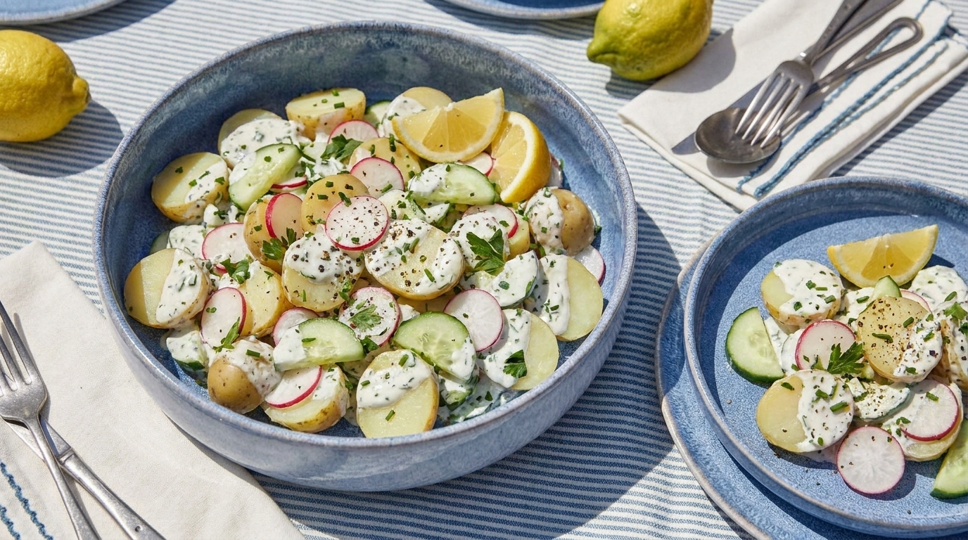 Große Schüssel mit Kartoffelsalat aus halbierten neuen Kartoffeln, Gurkenscheiben, Radieschen, Zitronenspalten, cremigem Dressing und gehackten Kräutern, bestreut mit Samen oder Pfeffer.