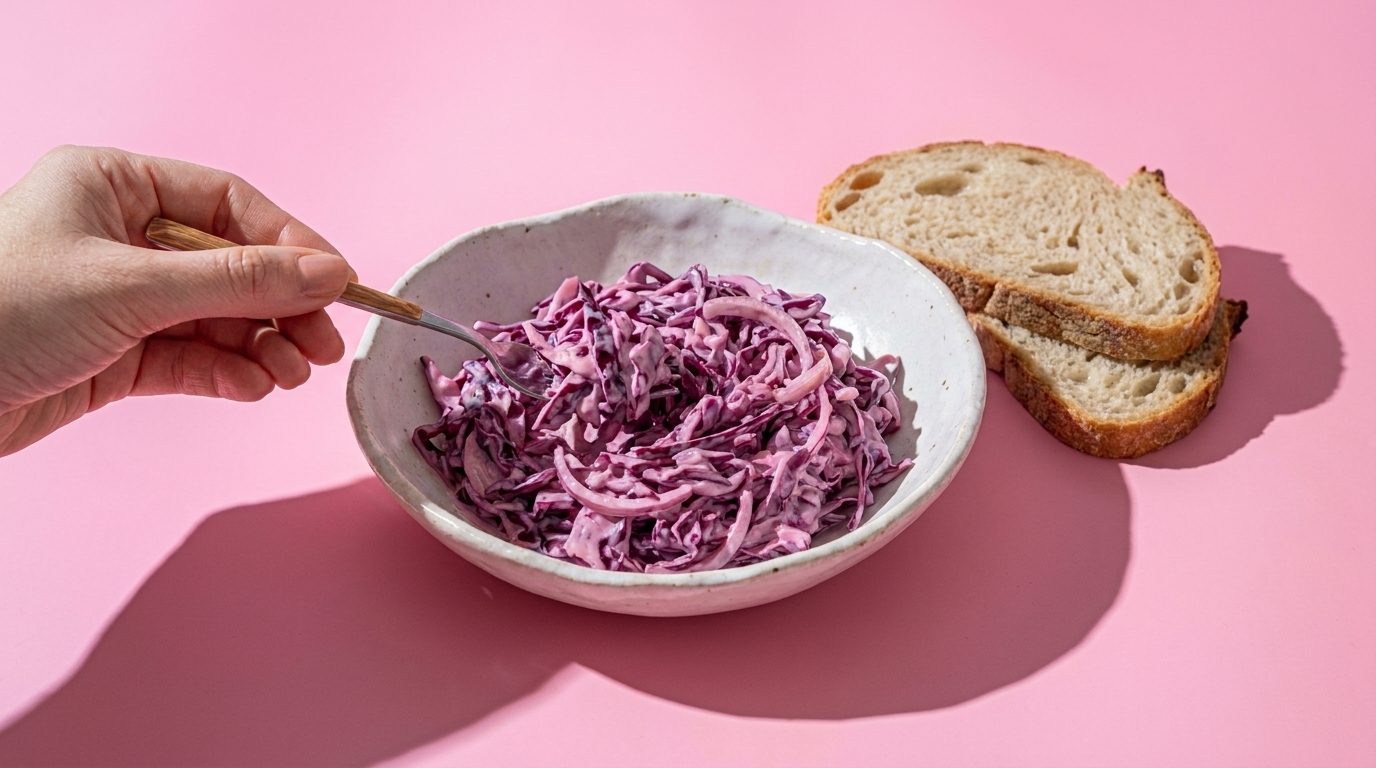 Hand rührt in einer Schale cremigen Rotkohlsalat; daneben liegen zwei Scheiben Bauernbrot auf pinkem Hintergrund.