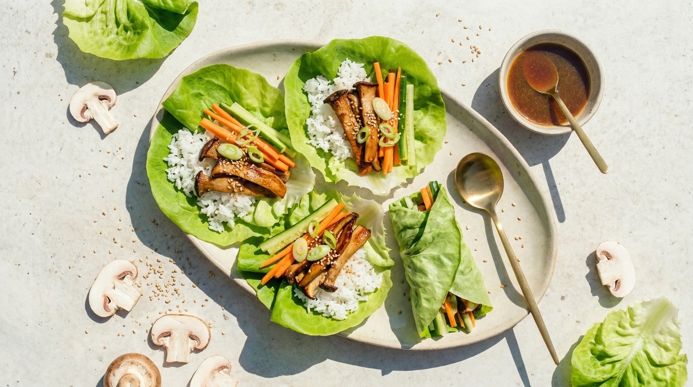 Drei Salatblätter als Wraps gefüllt mit Reis, gebratenen Champignons, Karottenstreifen, Frühlingszwiebeln und Sesam; daneben ein Schälchen Dip mit Löffel.