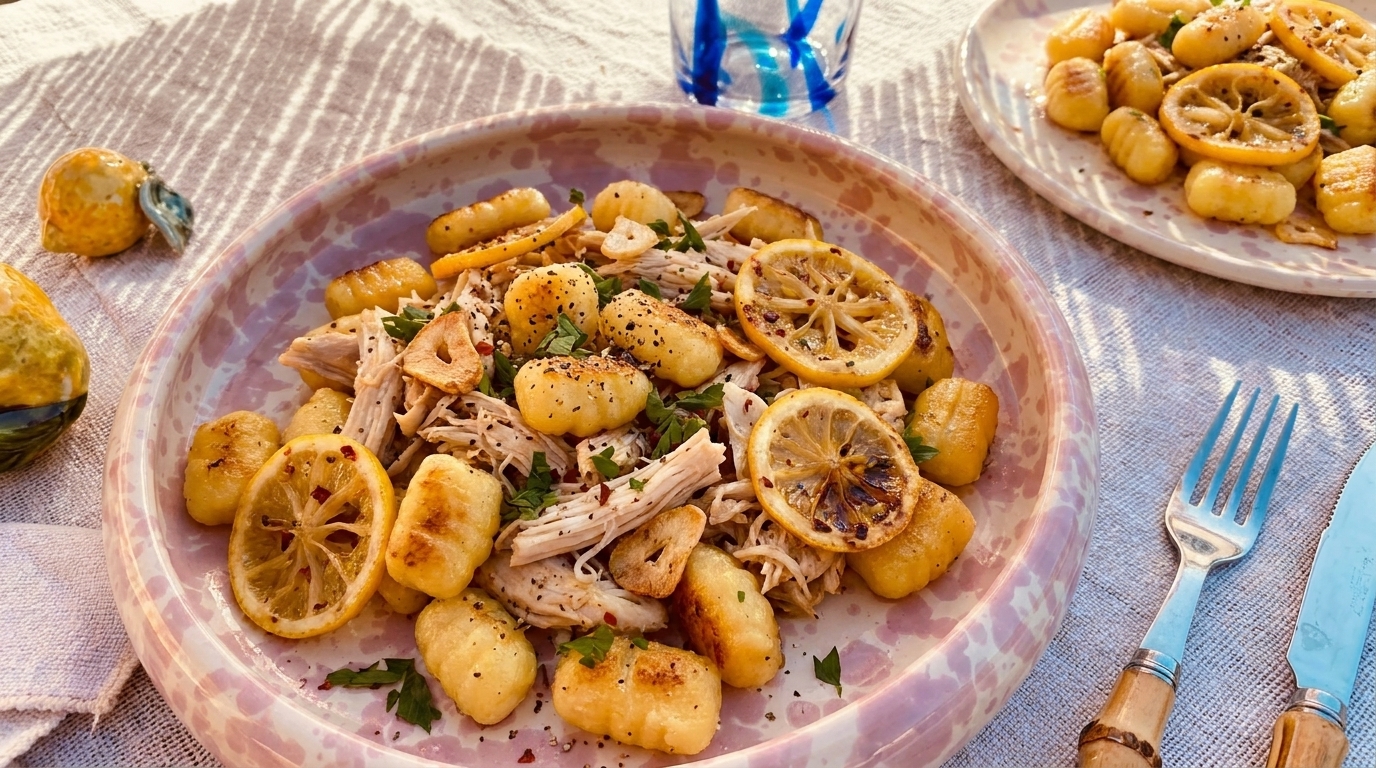Teller mit goldbraun gebratenen Gnocchi, gezupftem Hähnchen, karamellisierten Zitronenscheiben, Knoblauchchips und frischer Petersilie.