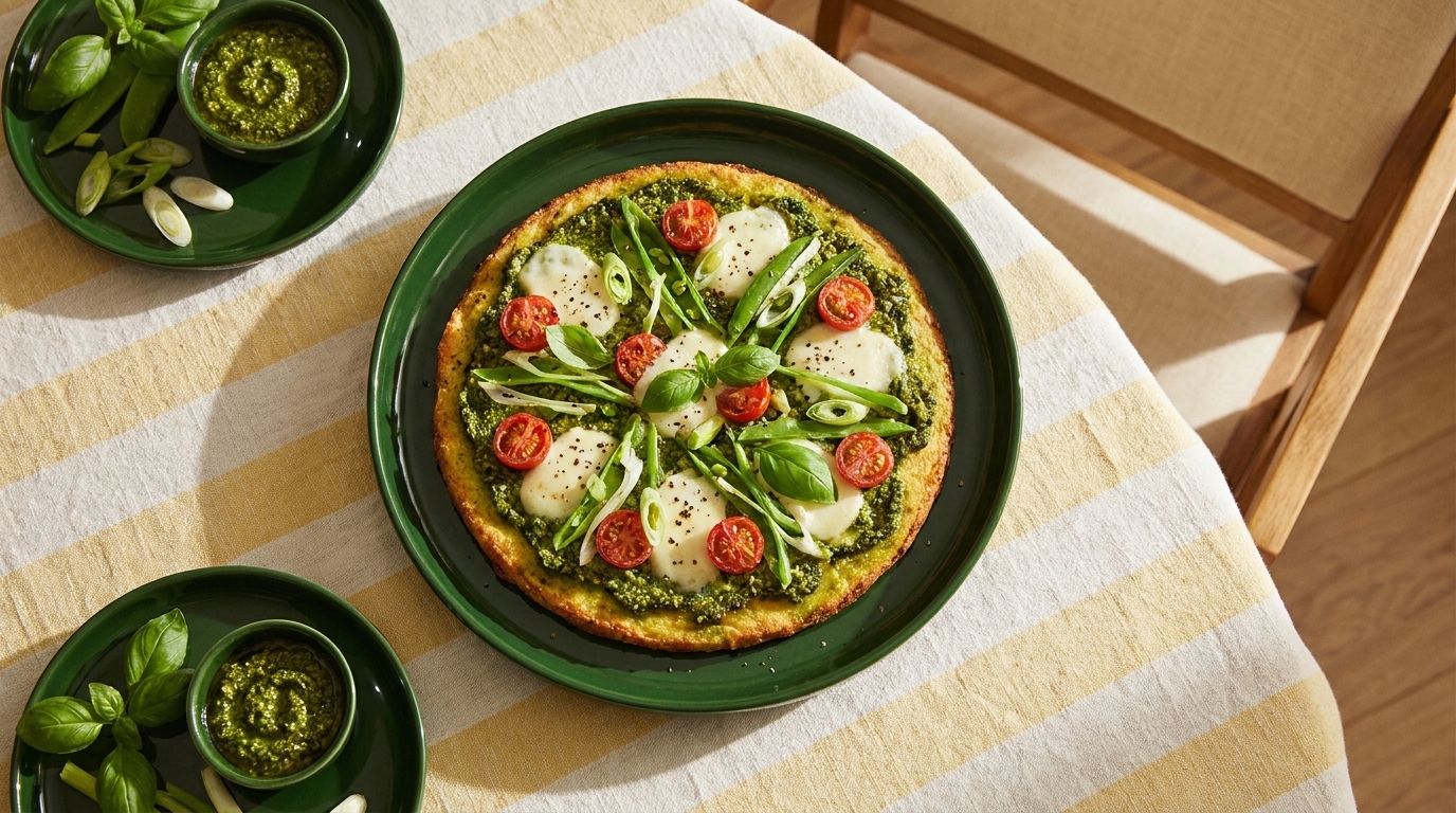 Grüne Pesto-Pizza auf grünem Teller, belegt mit Mozzarella-Kugeln, halbierten Cherrytomaten und frischen Basilikumblättern.