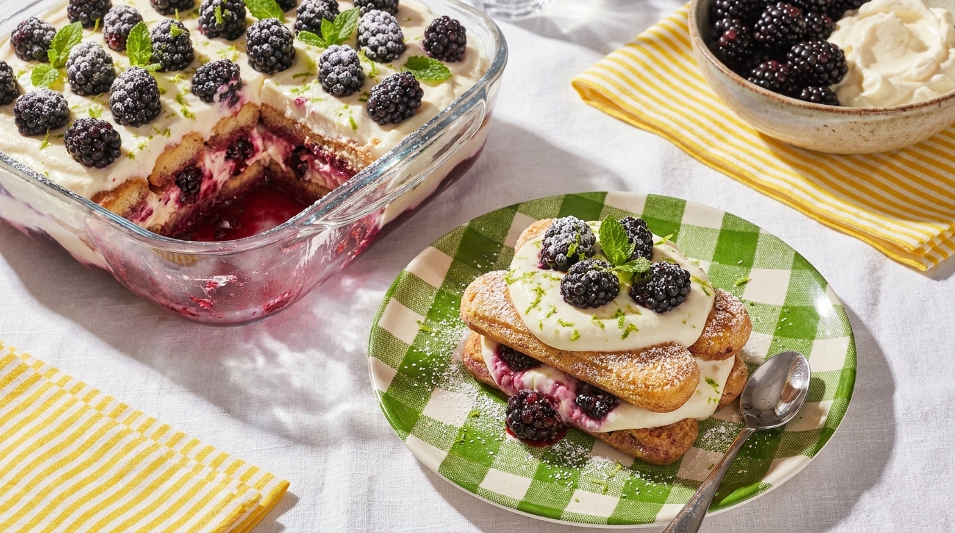 Glasschale mit geschichtetem Brombeer‑Dessert aus Biskuit, Beerenfüllung und Sahne; daneben ein Teller mit einem Stück, garniert mit frischen Brombeeren, Minze und Puderzucker.