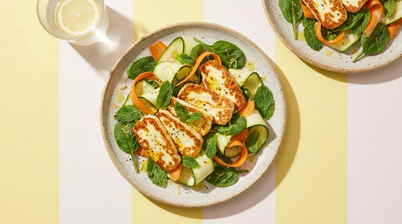 Zwei Teller mit frischem Salat aus gegrilltem Halloumi, Gurken- und Karottenbändern sowie Spinat und Minze; daneben ein Glas Zitronenwasser.