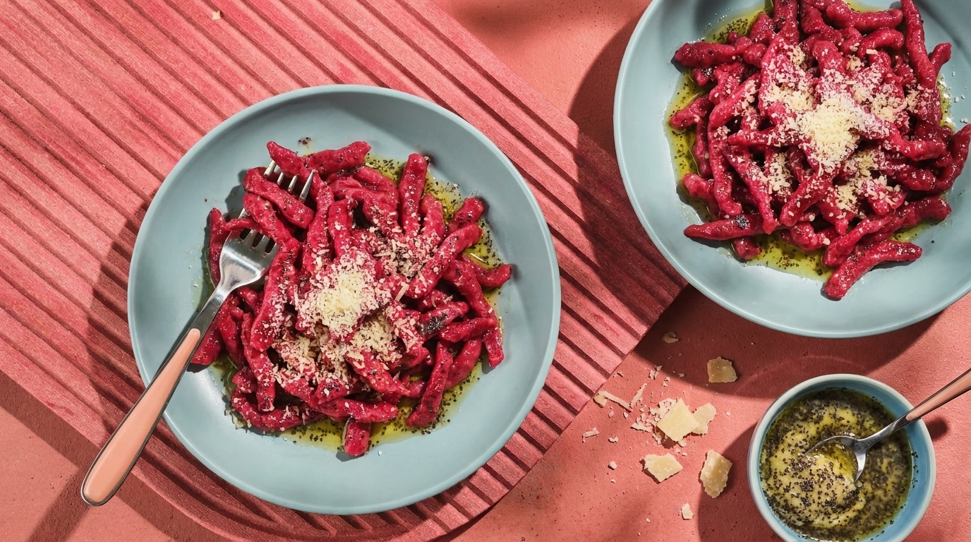 Zwei helle Teller mit purpurroter Rote-Bete-Pasta auf grünem Pesto, mit geriebenem Käse bestreut; in einem Teller liegt eine Gabel. Daneben kleine Schüssel mit Dressing.