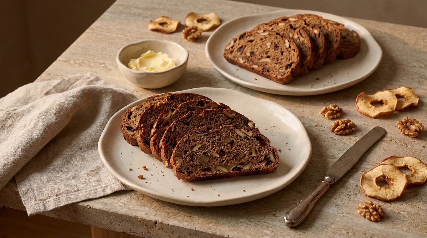 Mehrere Scheiben rustikales Nuss‑und Trockenfrüchtebrot auf zwei Tellern, daneben Butter, Walnussstücke und getrocknete Apfelscheiben.