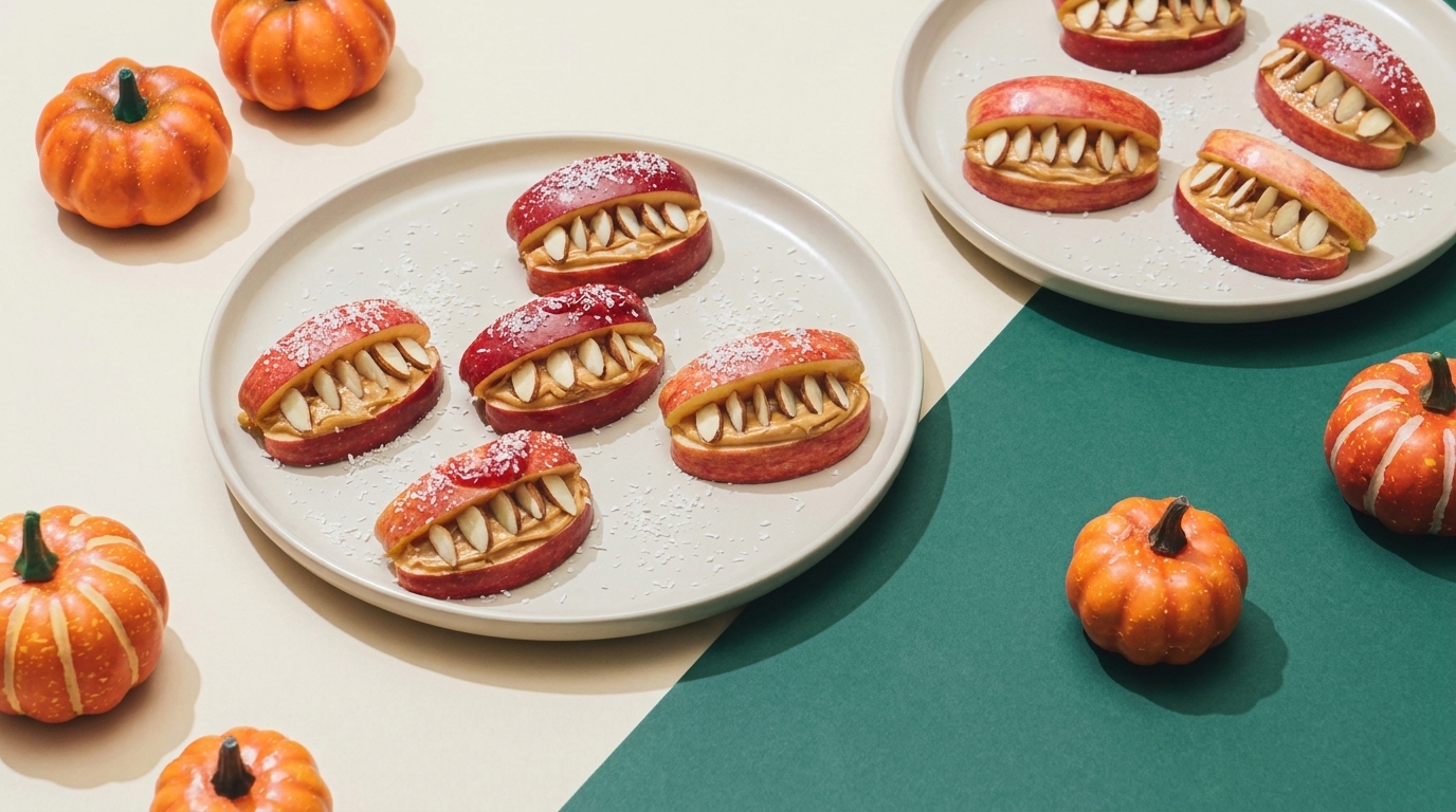 Rote Kekse mit Vanillecreme und Mandeln als spitze Zähne, arrangiert wie kleine Münder auf Tellern, umgeben von Mini-Kürbissen als Halloween-Dekor.