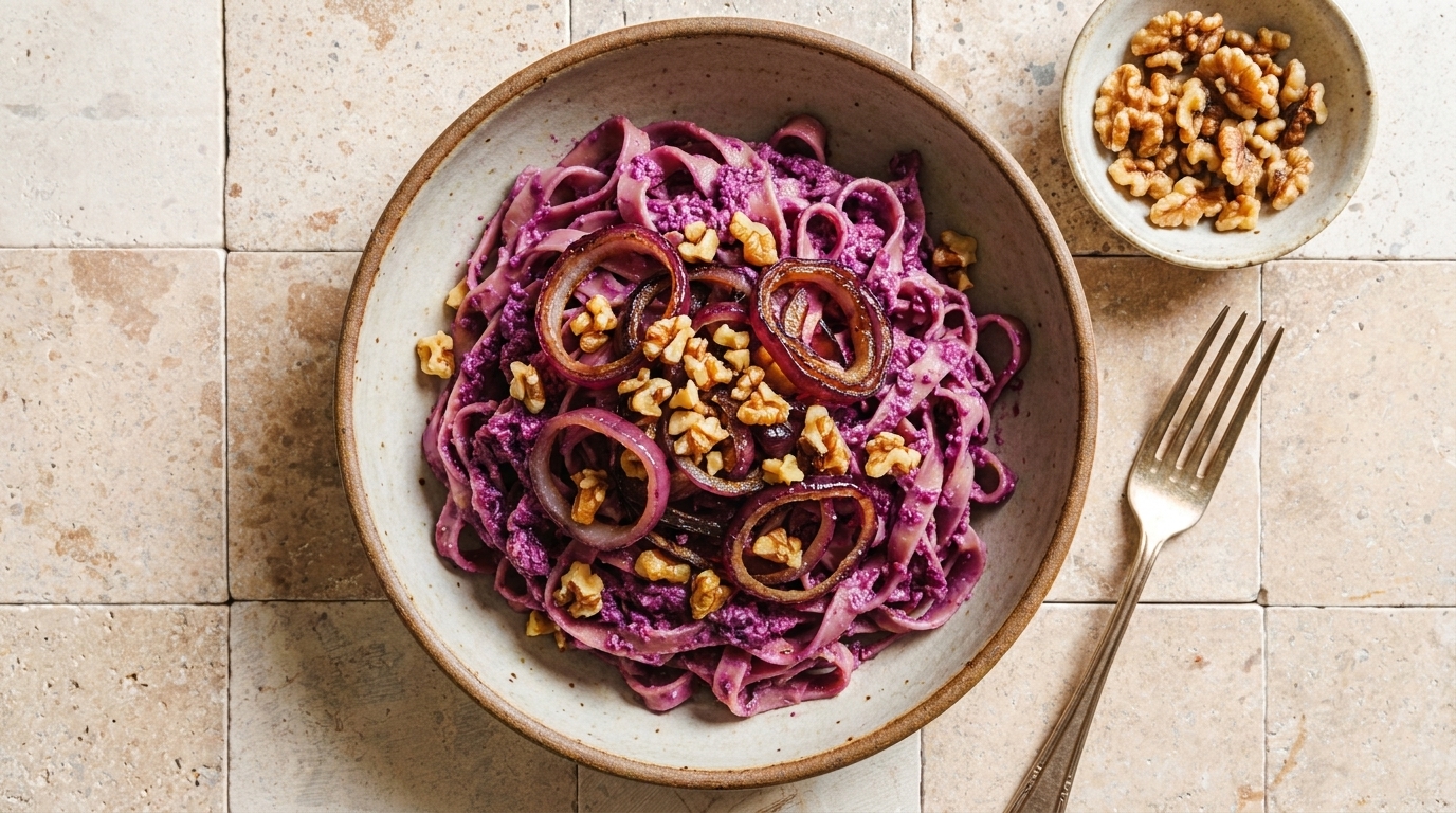 Schale mit violett gefärbten Bandnudeln in cremiger Sauce, garniert mit karamellisierten roten Zwiebelringen und gehackten Walnüssen.